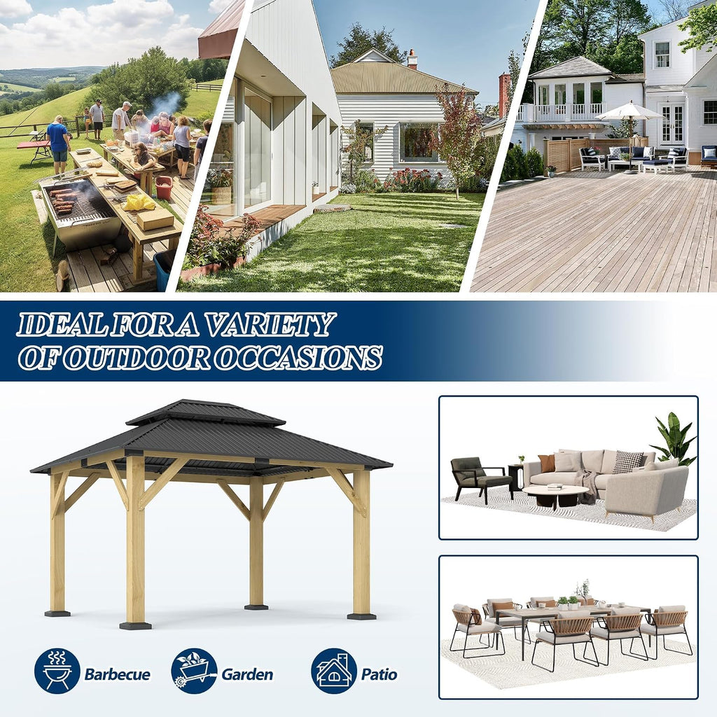 COVERONICS 10FT x 12FT Outdoor Wood Gazebo - Galvanized Steel Hardtop Gazebo with Heavy-Duty Double Roof, Outdoor Wooden Hard Top Gazebo for Garden, Poolside, Deck, Backyard