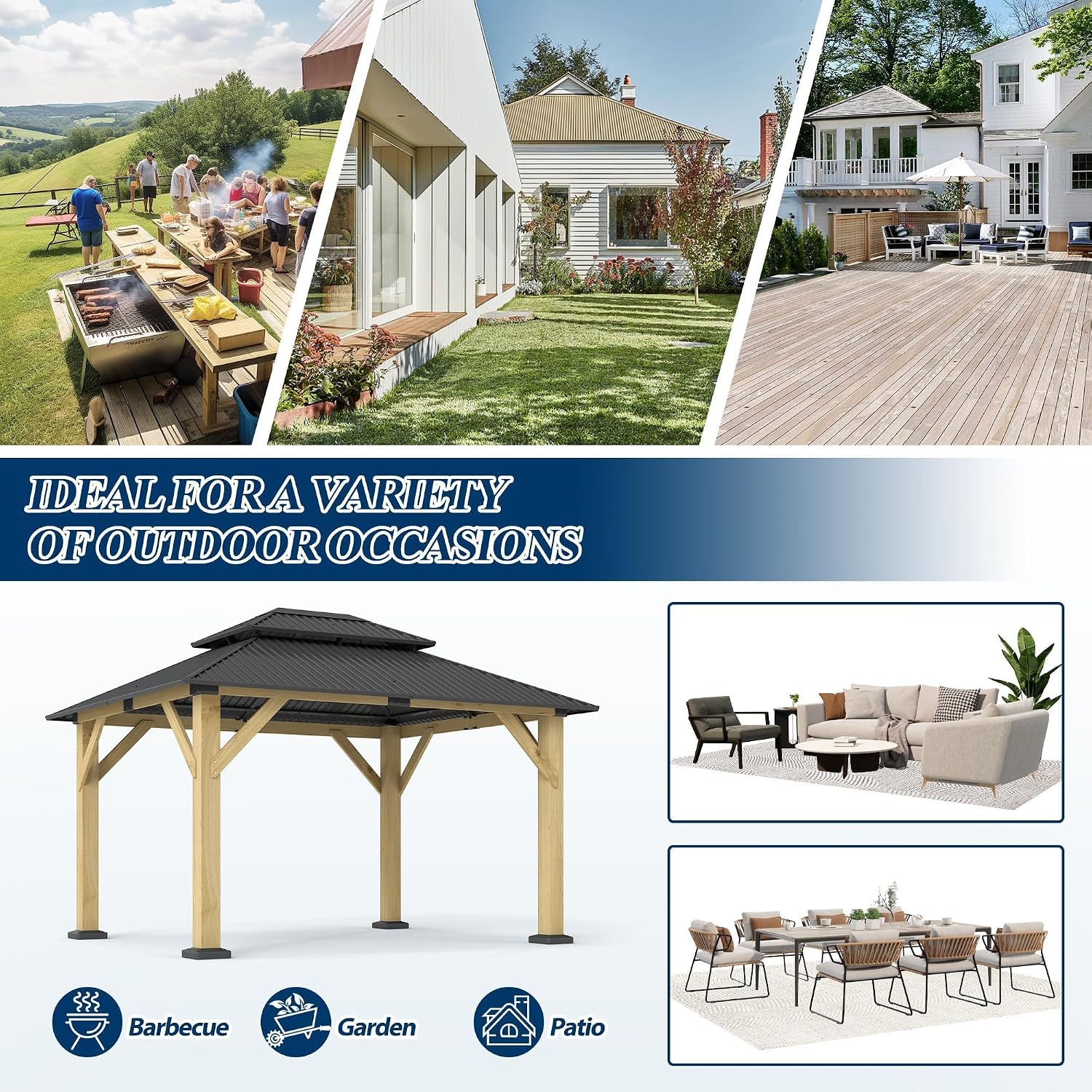 COVERONICS 10FT x 12FT Outdoor Wood Gazebo - Galvanized Steel Hardtop Gazebo with Heavy-Duty Double Roof, Outdoor Wooden Hard Top Gazebo for Garden, Poolside, Deck, Backyard
