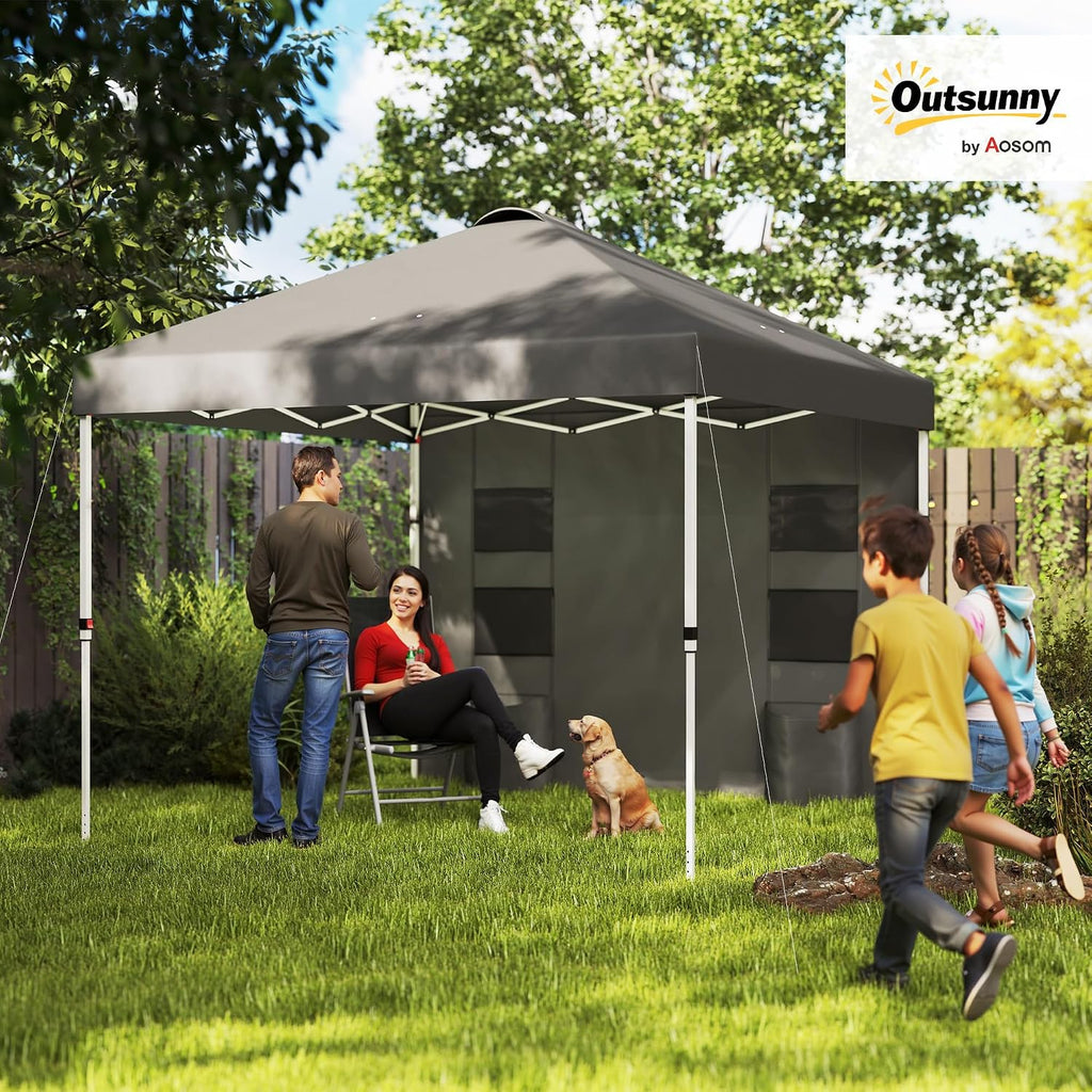 Outsunny 10' x 10' Pop Up Canopy Tent with Sidewall, UPF50+ Instant Sun Shelter with Storage Pockets, Vented Roof for Parties, Height Adjustable, Carry Bag, Sand Bags for Outdoor Patio, Dark Gray