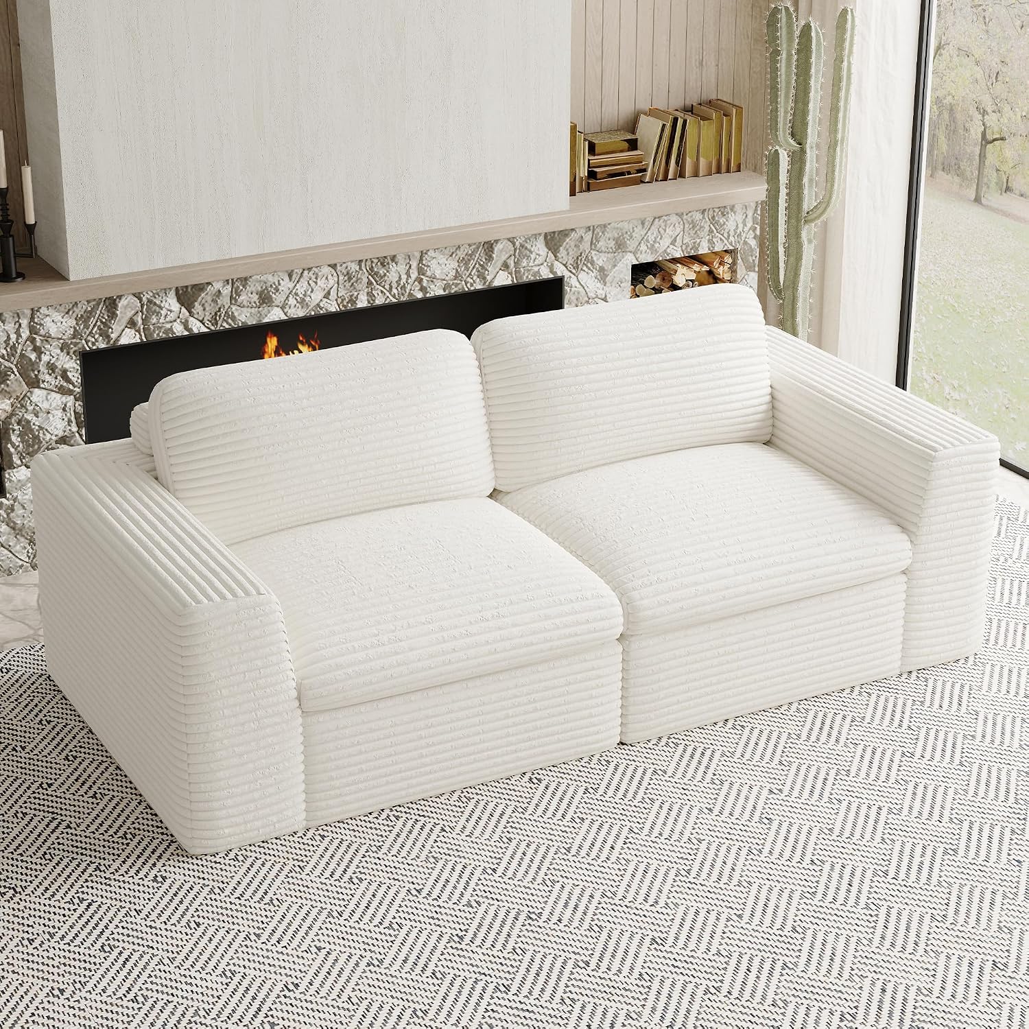 Boneless Loveseat Sofa Plush Corduroy Sectional Couch with Deep Seat Modular Cloud Sectional Couches for Living Room.Biege Sofa.
