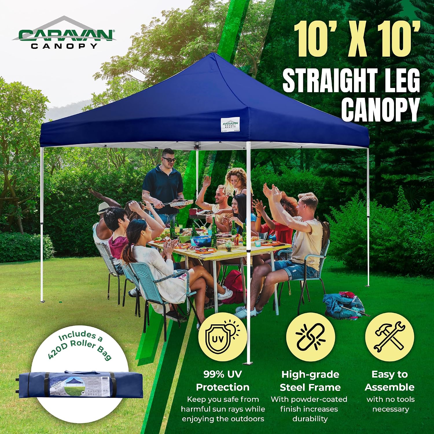Caravan Canopy M Series Pro 2 10 x 10 Foot Lightweight Steel Frame Shade Tent with Rising Truss System, Pull Pin Sliders, and Roller Bag, Navy Blue