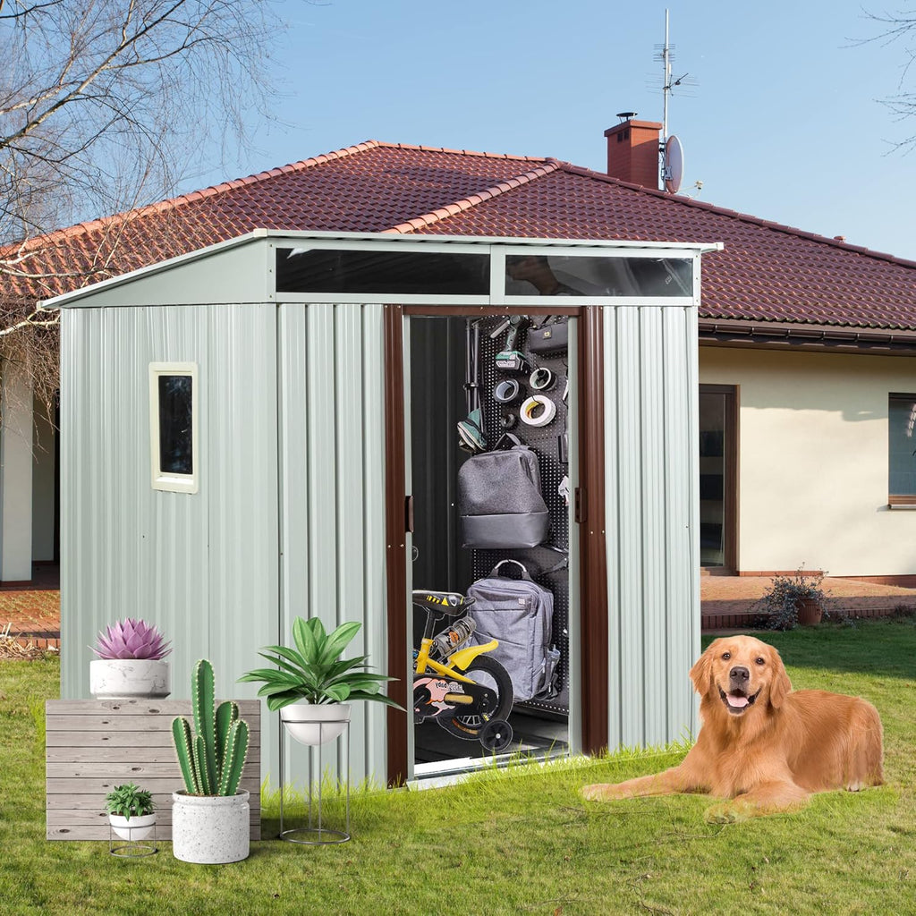 YOPTO 6×5 FT Outdoor Galvanized Metal Storage Shed with Window and Integrated Punched Vents,Large Garden Outdoor Shed W/Sliding Doors and Padlock,Rust and Waterproof,Tool Sheds for Backyard,Lawn,White