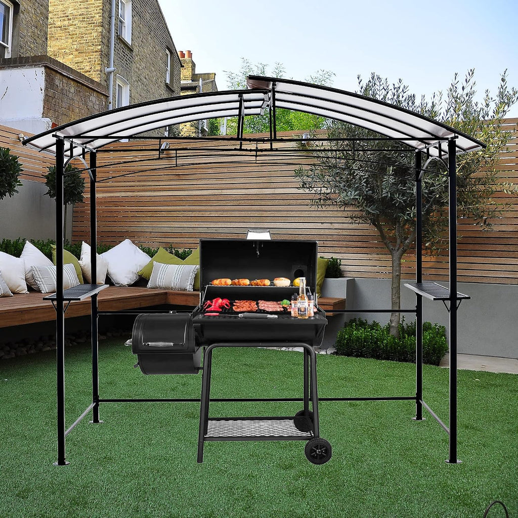Grill Gazebo, 8x5Ft Outdoor BBQ Gazebo Canopy with Side Shelves, Interlaced Vented Polycarbonate Roof Barbeque Grill Canopy for Patio and Picnic