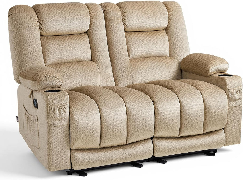 MCombo 55.9' Zero Gravity Power Loveseat Recliner with Heat and Vibration Massage, Reclining Loveseat Sofa with USB Ports, Cup Holders for Living Room, Fabric PR648SET (Beige)