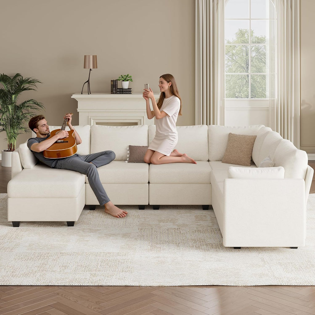 Modular Sectional Sofa Couches, Large Convertible Modular Couches with Storage, 7-Seater Sectional Sofa for Living Room, U Shaped Sectional Couch Sleeper Sofa with Chaise (Beige, 7 Seats)