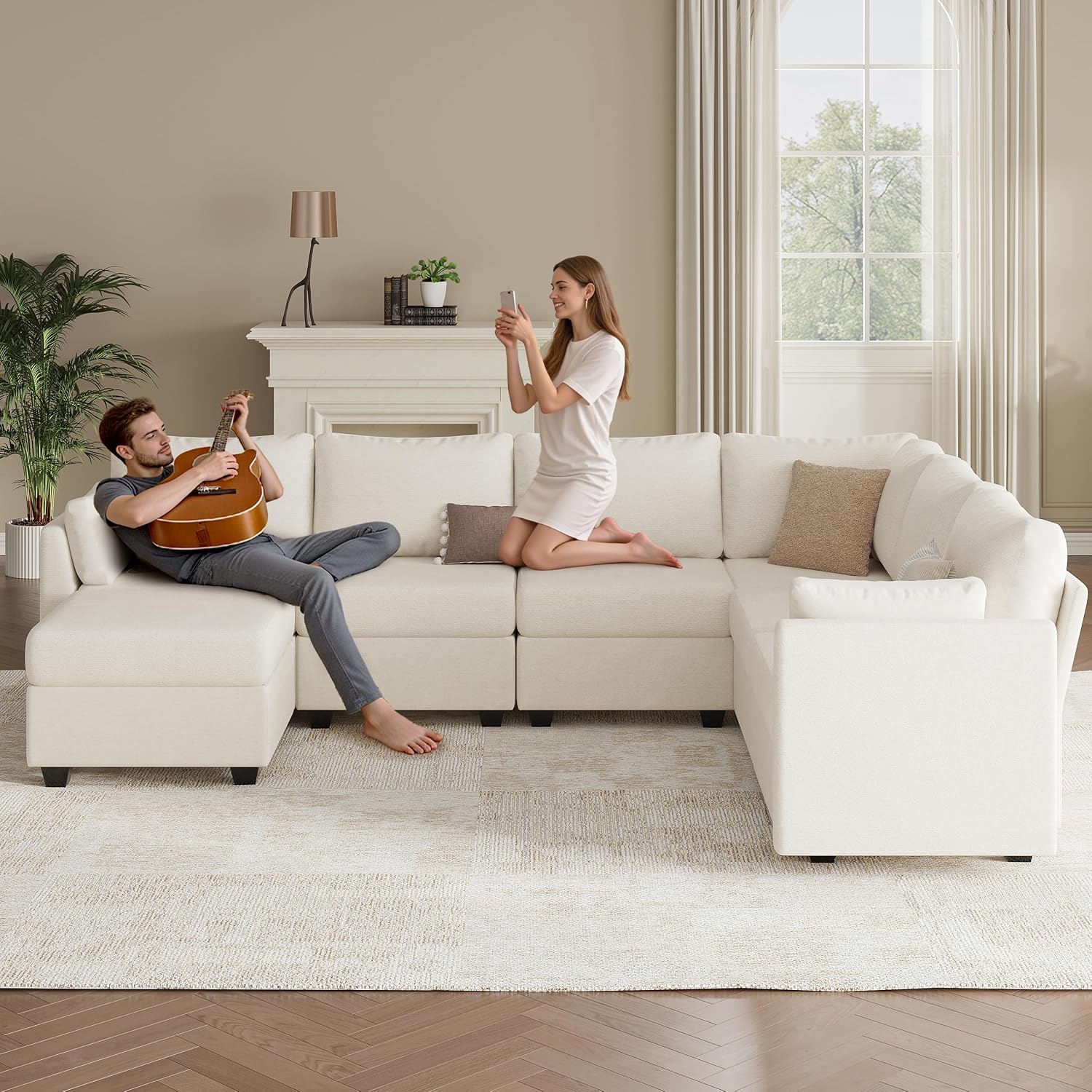 Modular Sectional Sofa Couches, Large Convertible Modular Couches with Storage, 7-Seater Sectional Sofa for Living Room, U Shaped Sectional Couch Sleeper Sofa with Chaise (Beige, 7 Seats)
