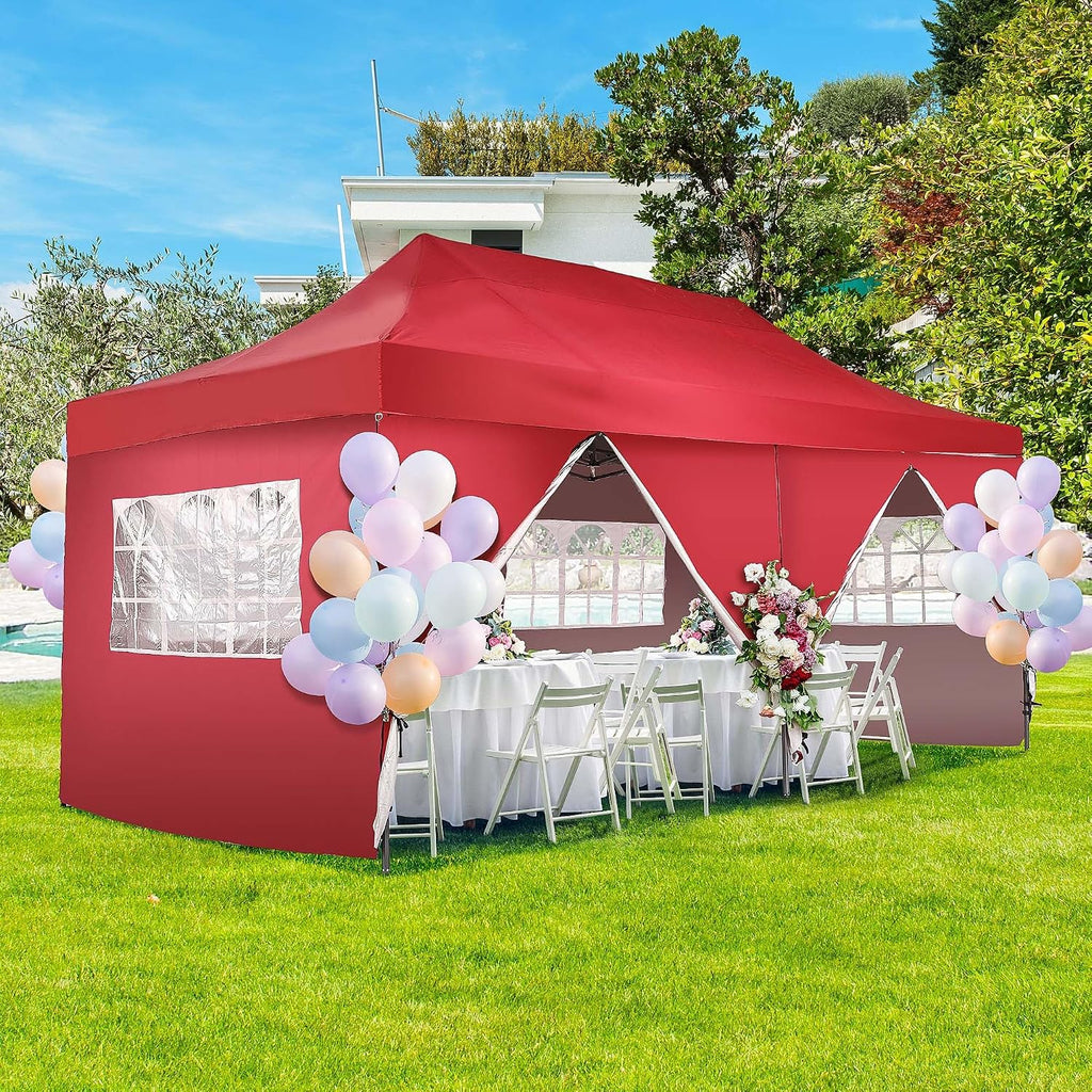 Outdoor Basic 10' x 20' Pop up Canopy Tent, Instant Heavy Duty Gazebo Tent with 6 Sidewalls/Wheeled Bag for Party Commercial Activity (Red, with 6 Sidewall)