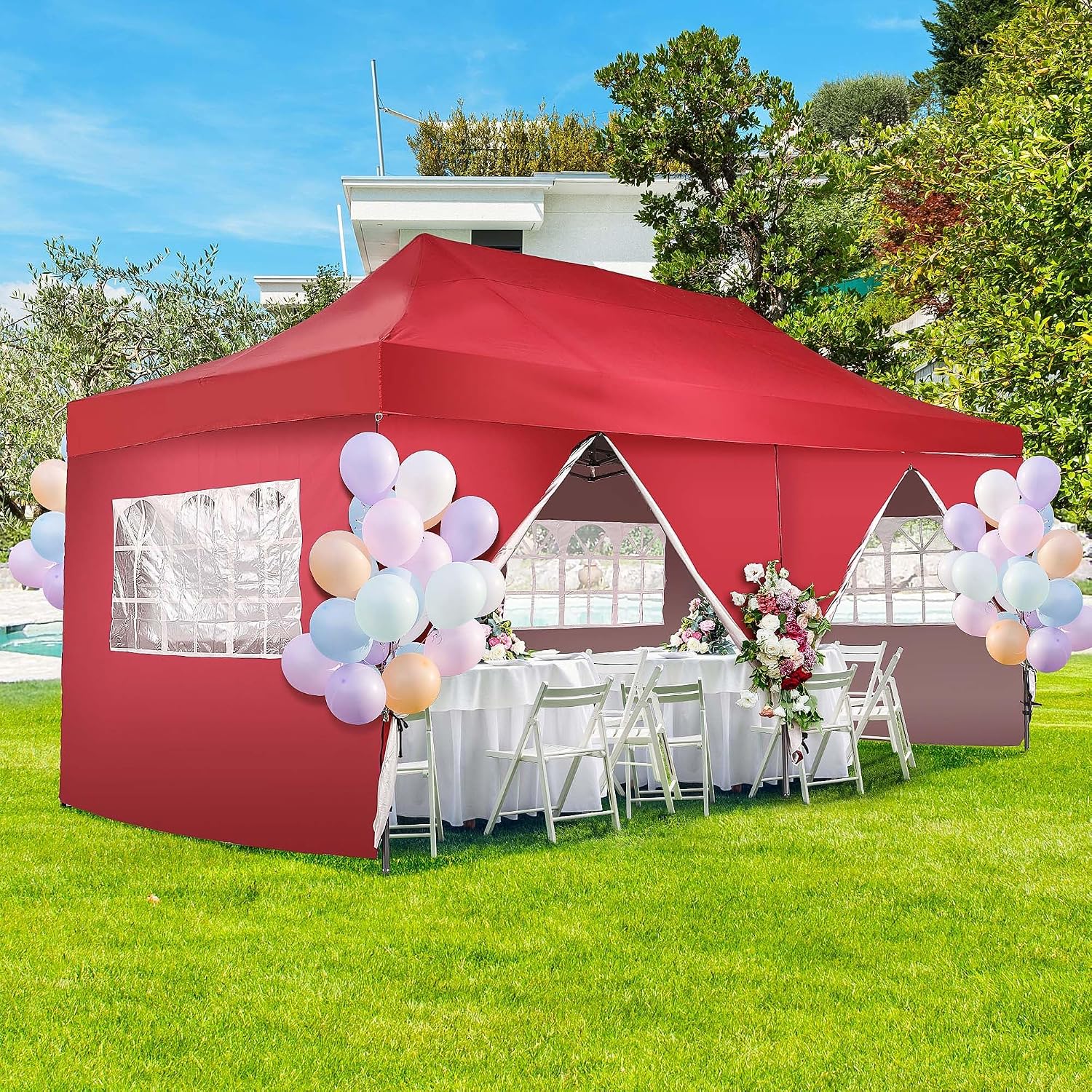 Outdoor Basic 10' x 20' Pop up Canopy Tent, Instant Heavy Duty Gazebo Tent with 6 Sidewalls/Wheeled Bag for Party Commercial Activity (Red, with 6 Sidewall)