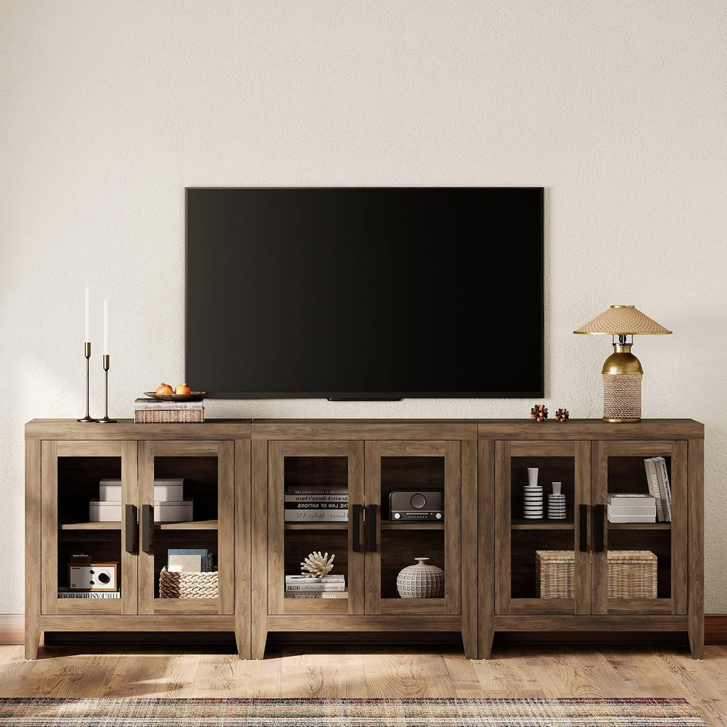 WAMPAT Farmhouse TV Stand for TVs up to 85', Rustic Wood Entertainment Center with Adjustable Shelf, Glass Doors & Storage, Media Console Cabinet for Living-Room, Bedroom, Brown