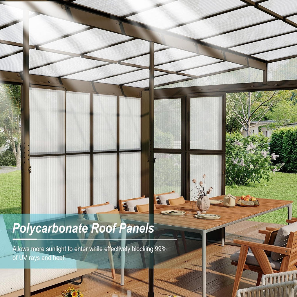 Domi 12x20FT Sunroom, Wall Mounted Sunroom with Polycarbonate Sloping Roof, Outdoor Sunroom Gazebo with Detachable PC Screen, 3 Sliding Double Doors, Lean to Sun Room for Patio, Deck