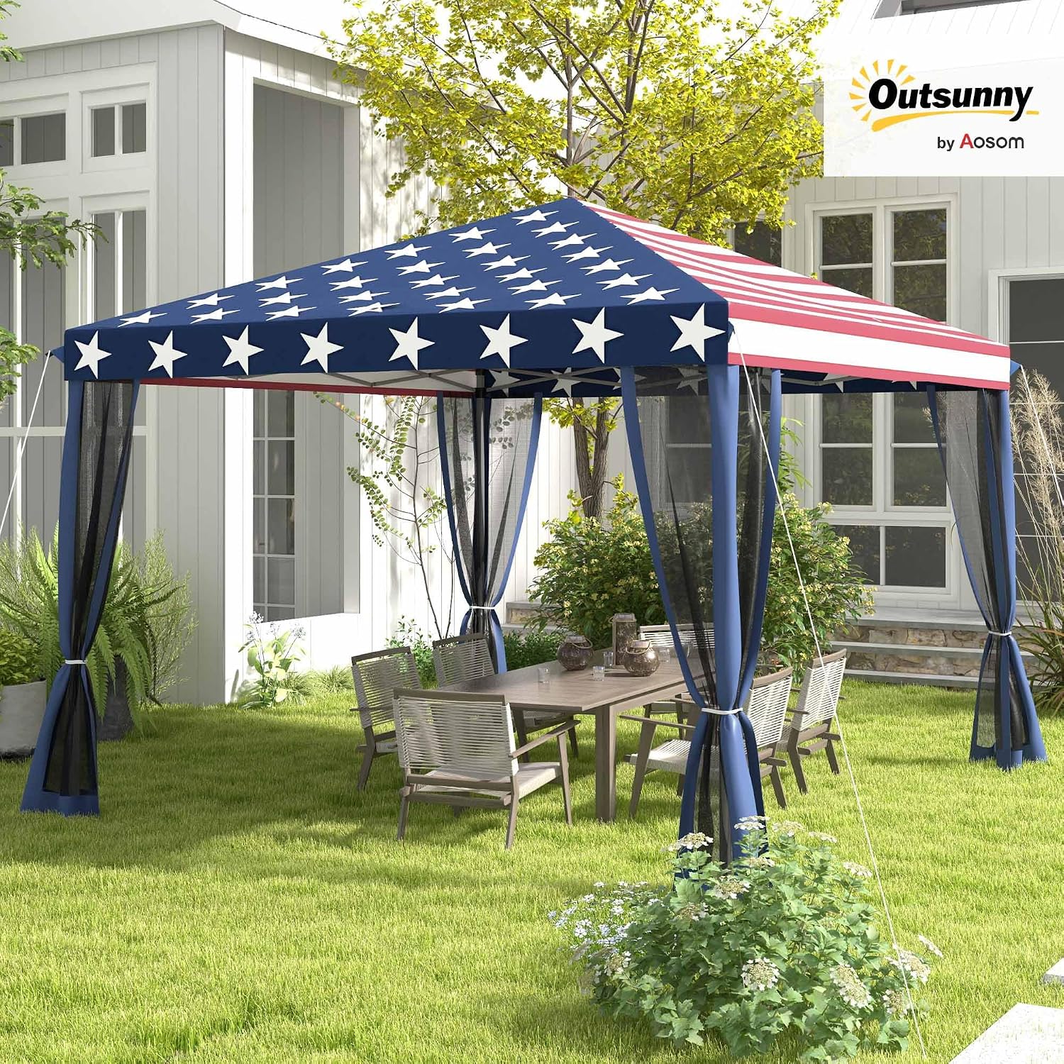 Outsunny 10' x 10' Pop Up Canopy Tent with Netting, Instant Gazebo, Screen House Room with Carry Bag, Height Adjustable, for Outdoor, Garden, Patio, Camping, Blue and Red