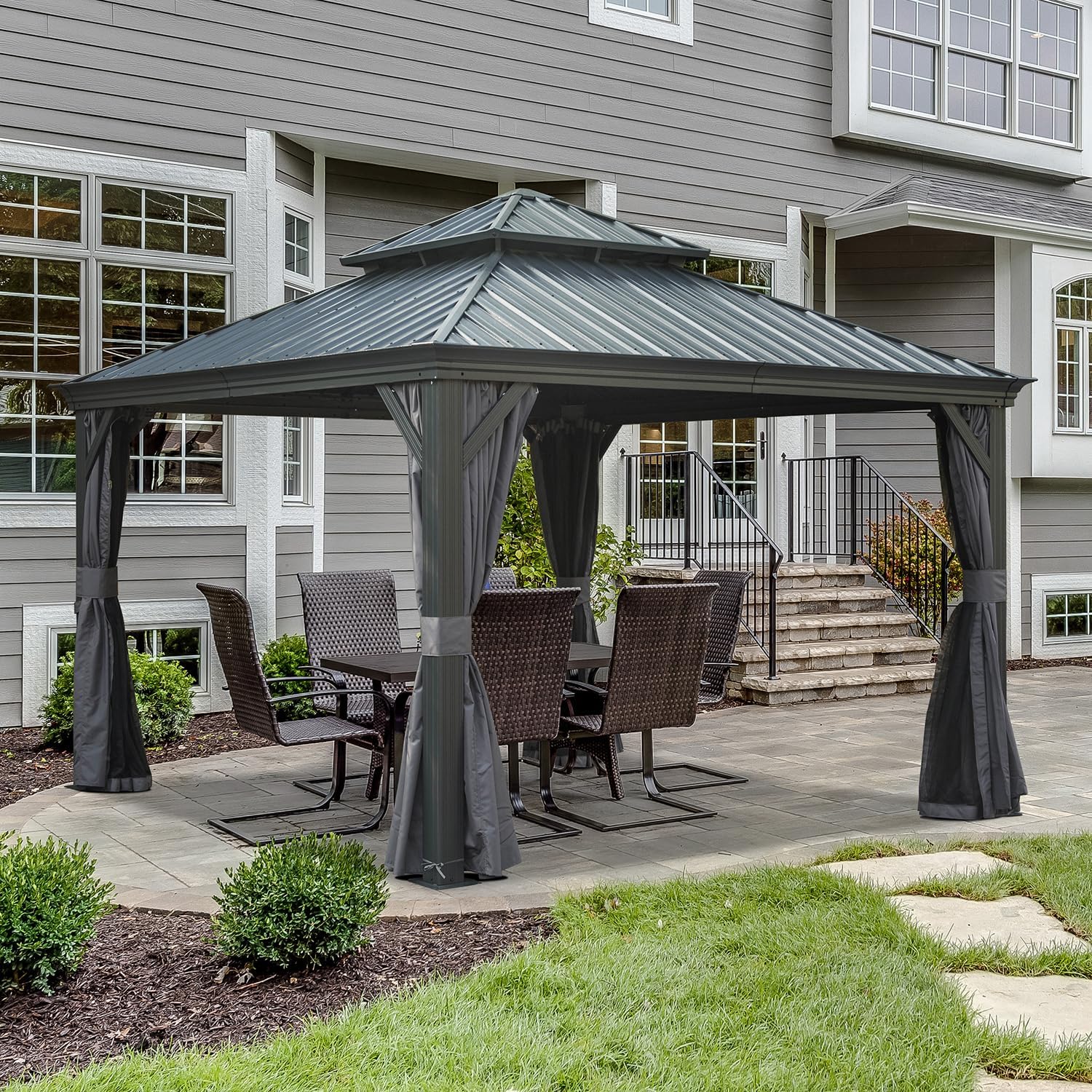 Domi Hardtop Gazebo 12x12FT, Outdoor Gazebo with Galvanized Steel Double Roof, Aluminum Frame, Built-in Gutter System, Curtain and Netting, Metal Gazebo Pavilion for Patio Deck Garden, Grey
