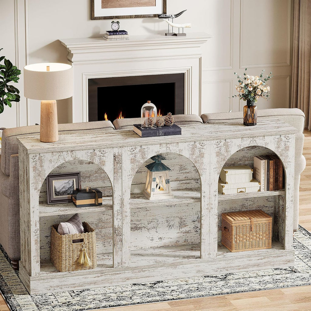 Tribesigns Farmhouse Console Table, 63-Inch Long Entryway Table with 3 Tier Storage, Wooden Rectangular Sofa Table Behind The Couch for Entrance, Hallway, Living Room, Distressed White