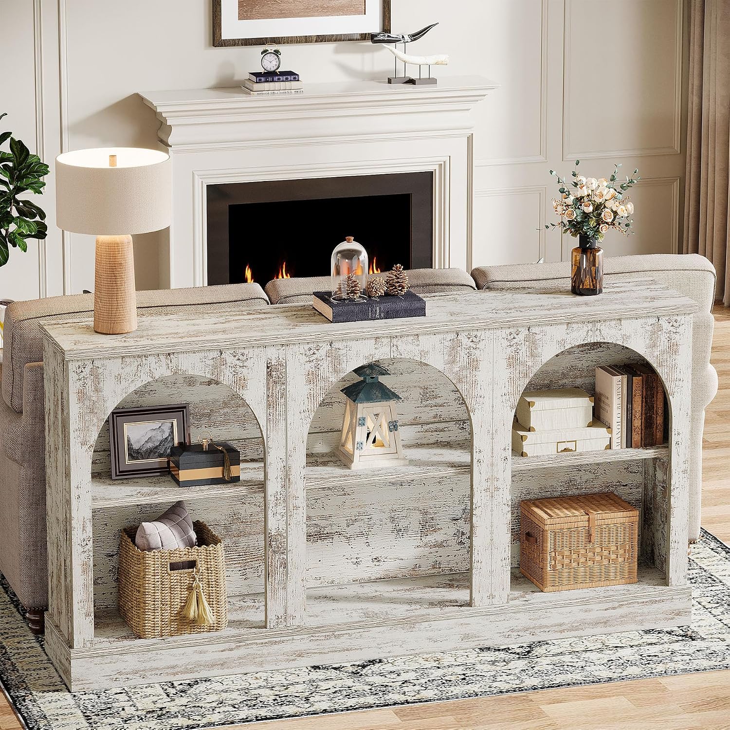 Tribesigns Farmhouse Console Table, 63-Inch Long Entryway Table with 3 Tier Storage, Wooden Rectangular Sofa Table Behind The Couch for Entrance, Hallway, Living Room, Distressed White