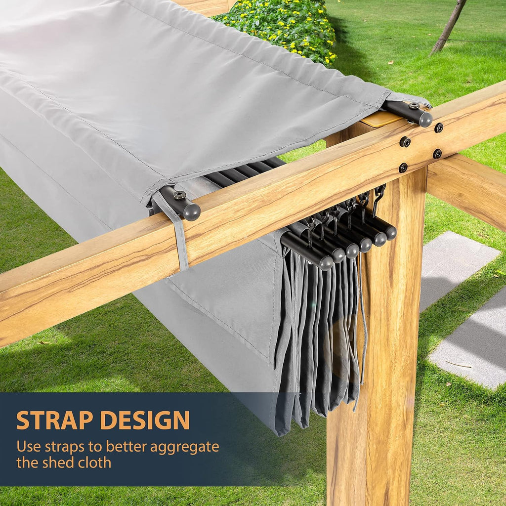 HAPPATIO 10' X 10' Pergola Retractable Canopy for Backyard, Garden, Patio; Woodgrain-Look Aluminum Frame with Retractable Pergola Canopy, Includes Anchors and Expansion Screws (Grey)