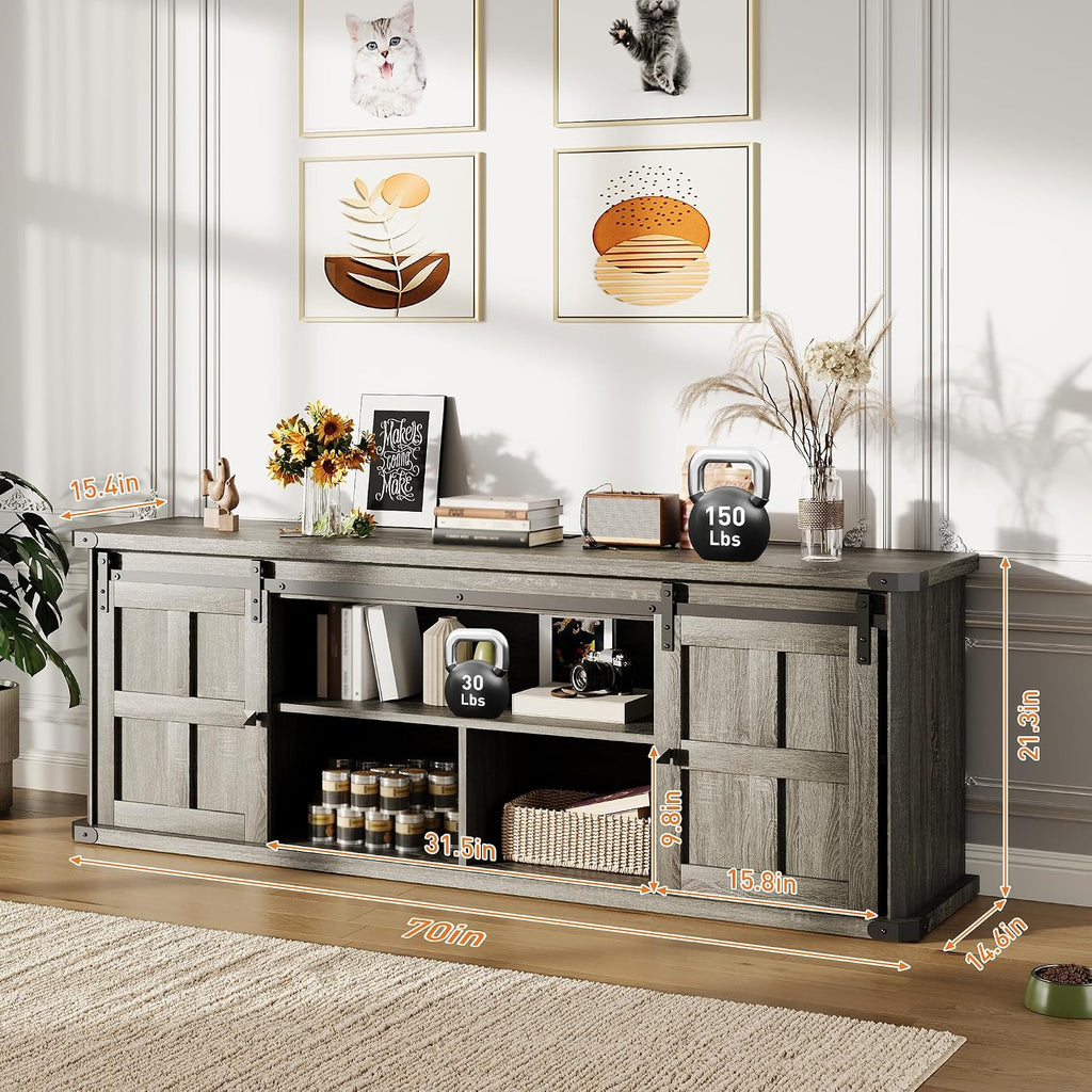 GarveeHome 70 in Farmhouse TV Stand for 75 in TVs, Modern Entertainment Center with Sliding Barn Doors, Modern Media TV Console Table, Wood Long TV Stand for Living Room