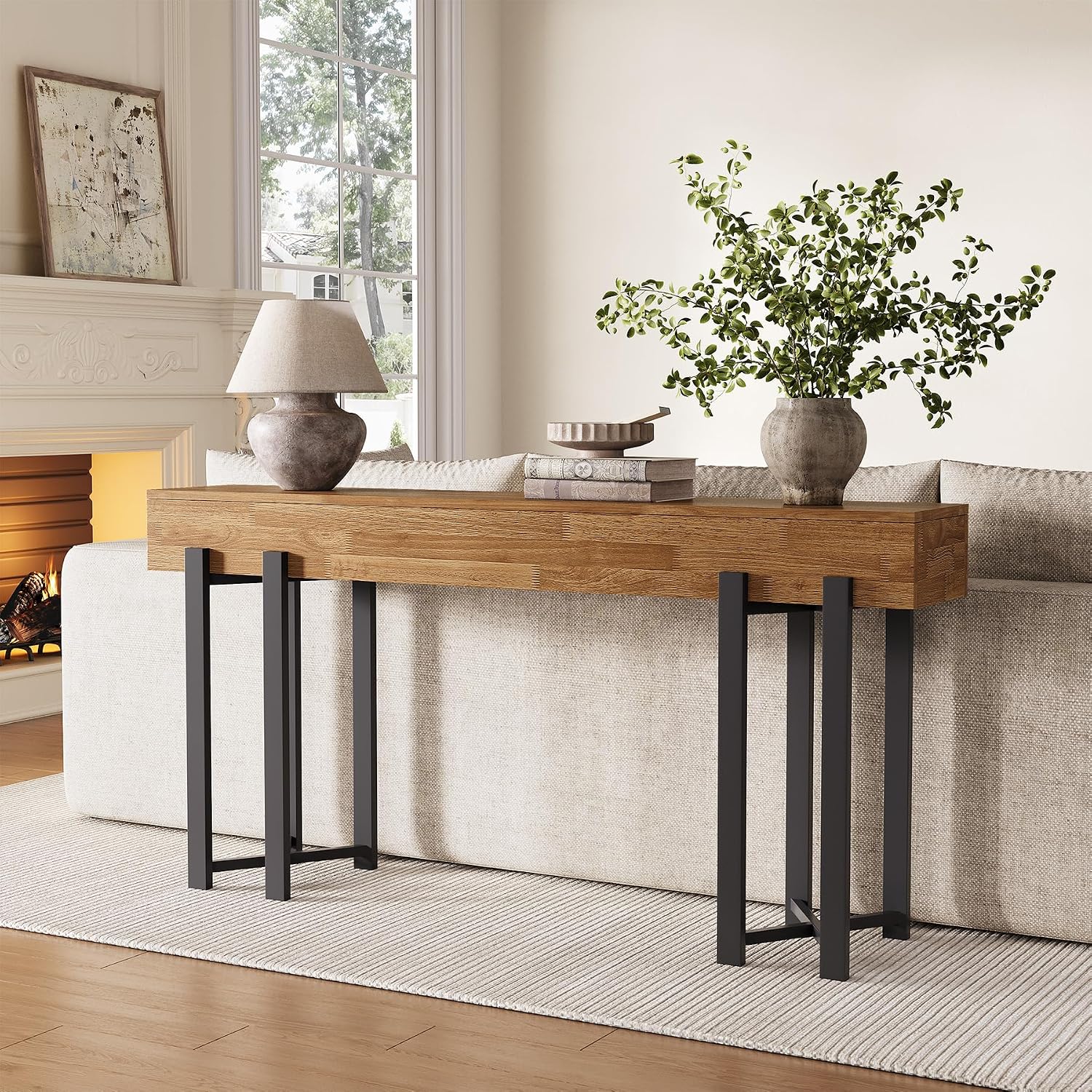 LITTLE TREE 63-Inch Console Table for Entryway, Farmhouse Behind Couch Table, Minimalist Sofa Table for Living Room, Long Wooden Hallway Foyer Table with Black Metal Frame, Oak