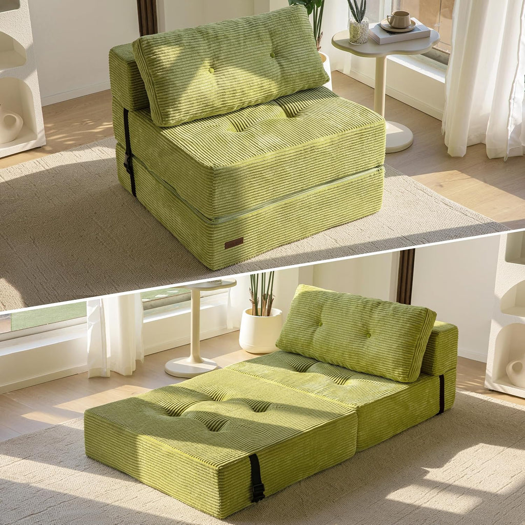 MAXYOYO Folding Sofa Bed, Convertible Sofa Bed with High-Density Support Foam, Portable 4 in 1 Fold Out Chair to Floor Lounger, Versatile Floor Couch for Living Room Bedroom, Green