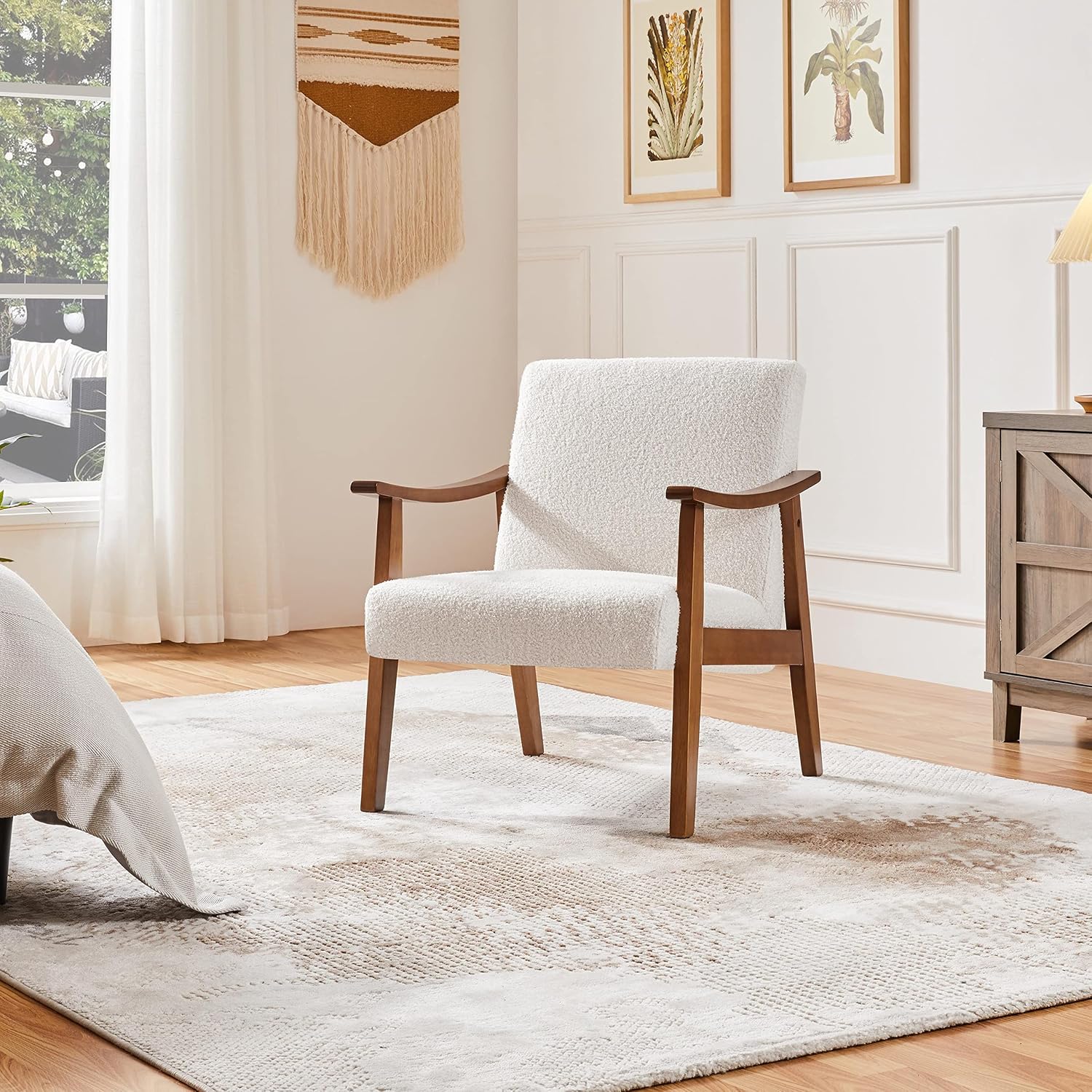 Yaheetech Fabric Accent Chair, Mid-Century Modern Armchair with Solid Wood Legs, Reading Leisure Chair with High Back for Living Room Bedroom Waiting Room, Set of 2, Ivory