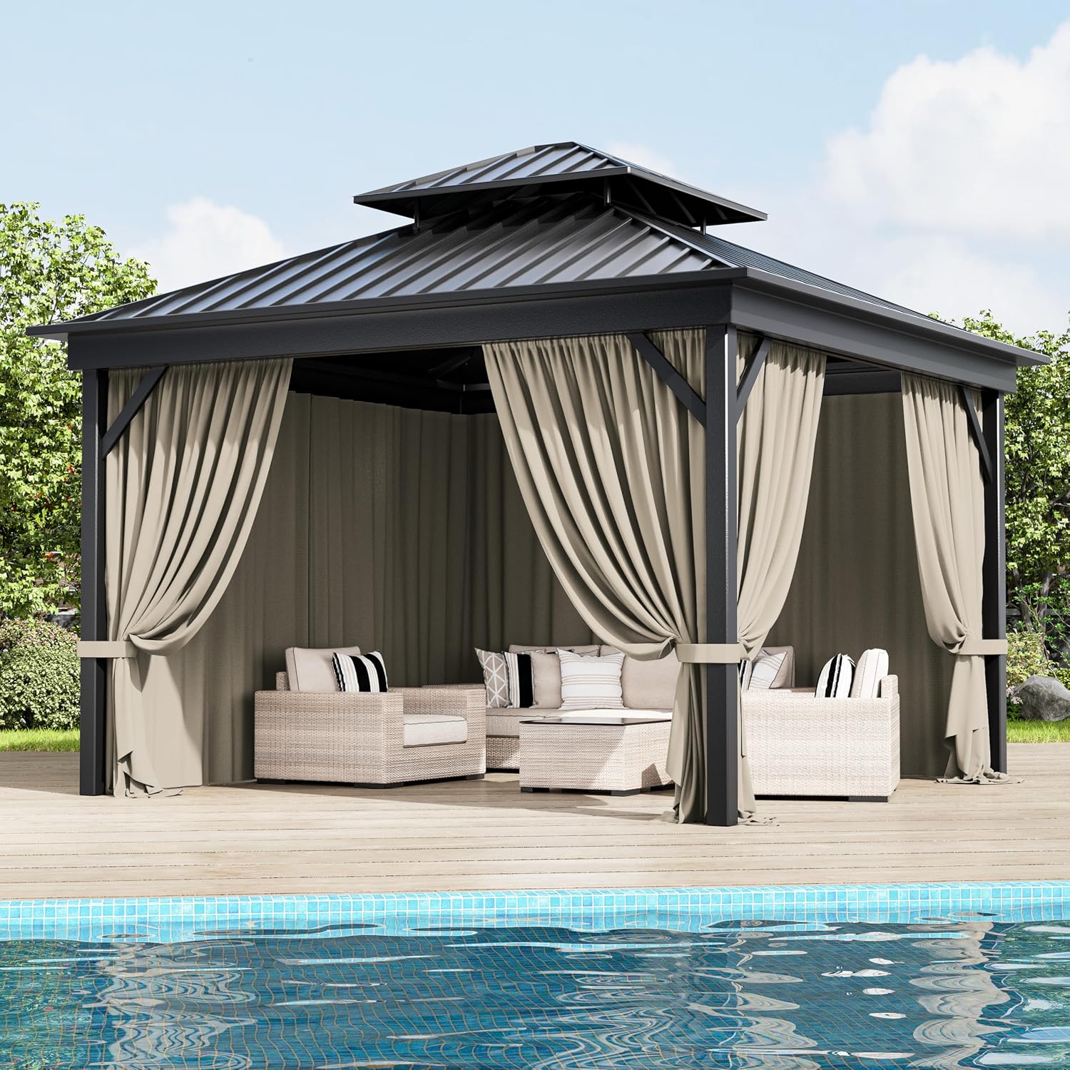Outdoor Gazebo Curtain Replacement Universal 4-Panel Sidewalls 10' X 10',Outdoor Patio Waterproof Privacy Curtain with Double Zipper for Patio,Garden, and Backyard (Curtain Only)