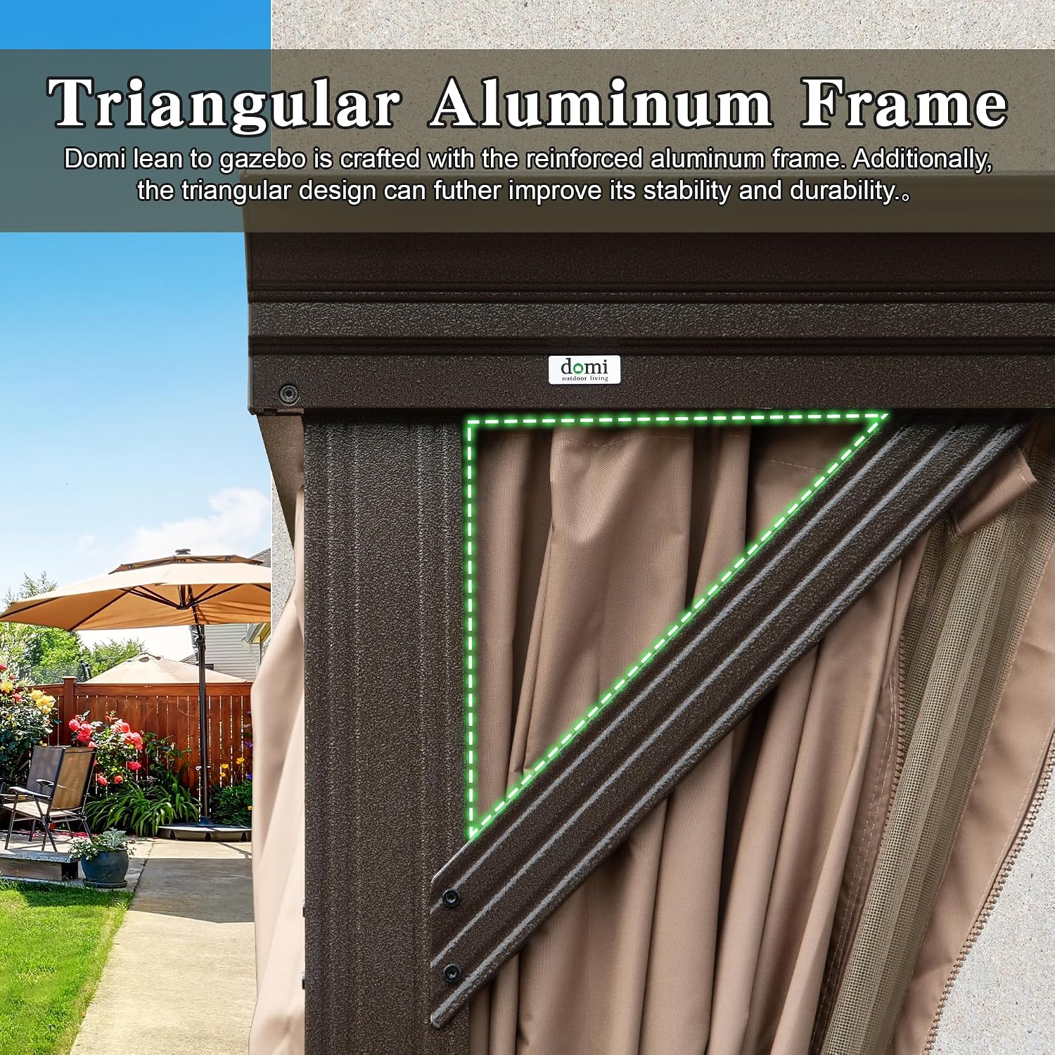 Domi 12x20FT Lean to Gazebo, Aluminum Wall Mounted Gazebo with Sloping Galvanized Steel Roof, Curtains and Netting, Outdoor Permanent Shelter for Patio, Deck, Garden, Backyard