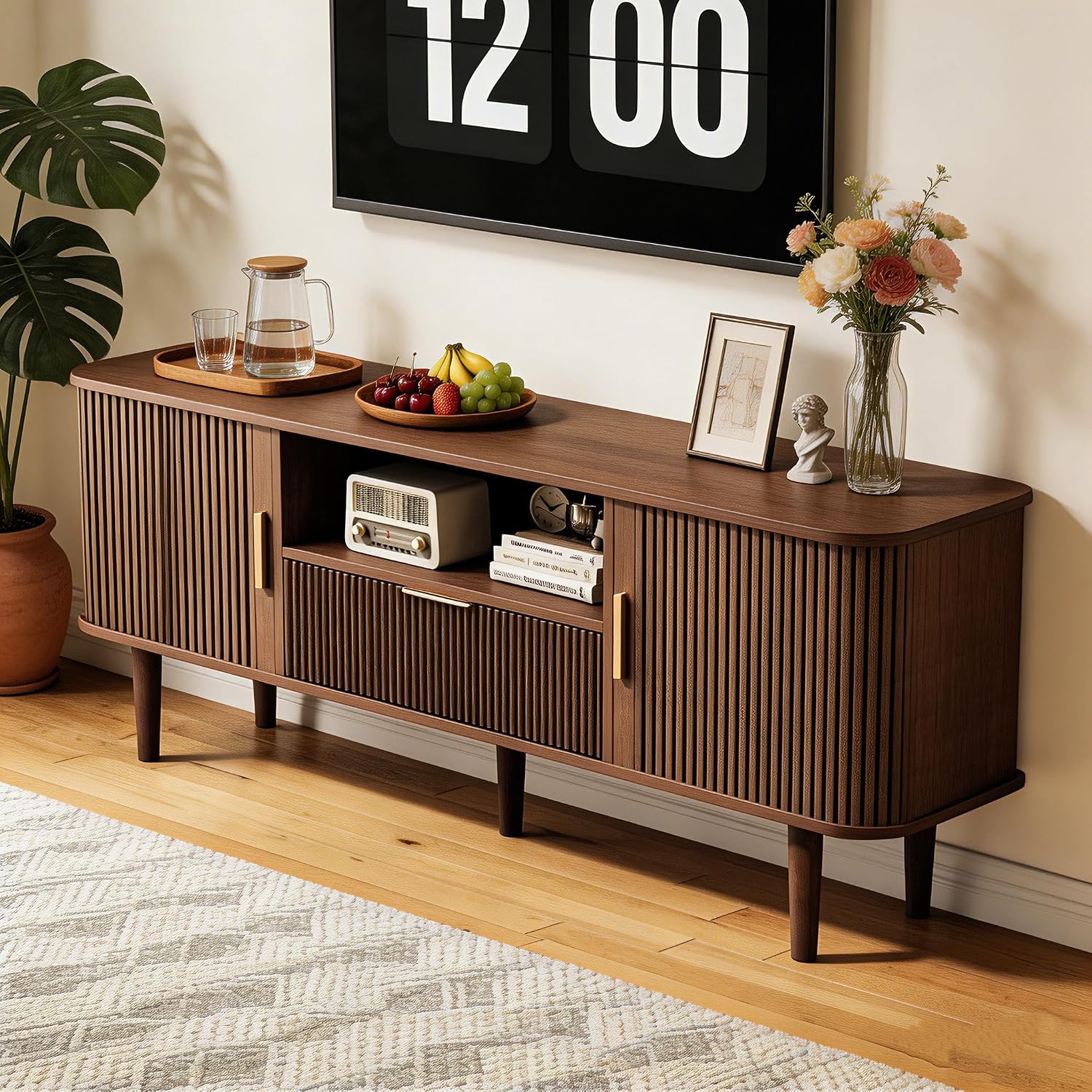 Fluted TV Stand for TVs Up to 60 Inch, 55' Mid-Century Entertainment Center with Sliding Doors&Drawer, Modern Media Console for Living Room, Walnut (55.1' L*15.7*W*23' H)