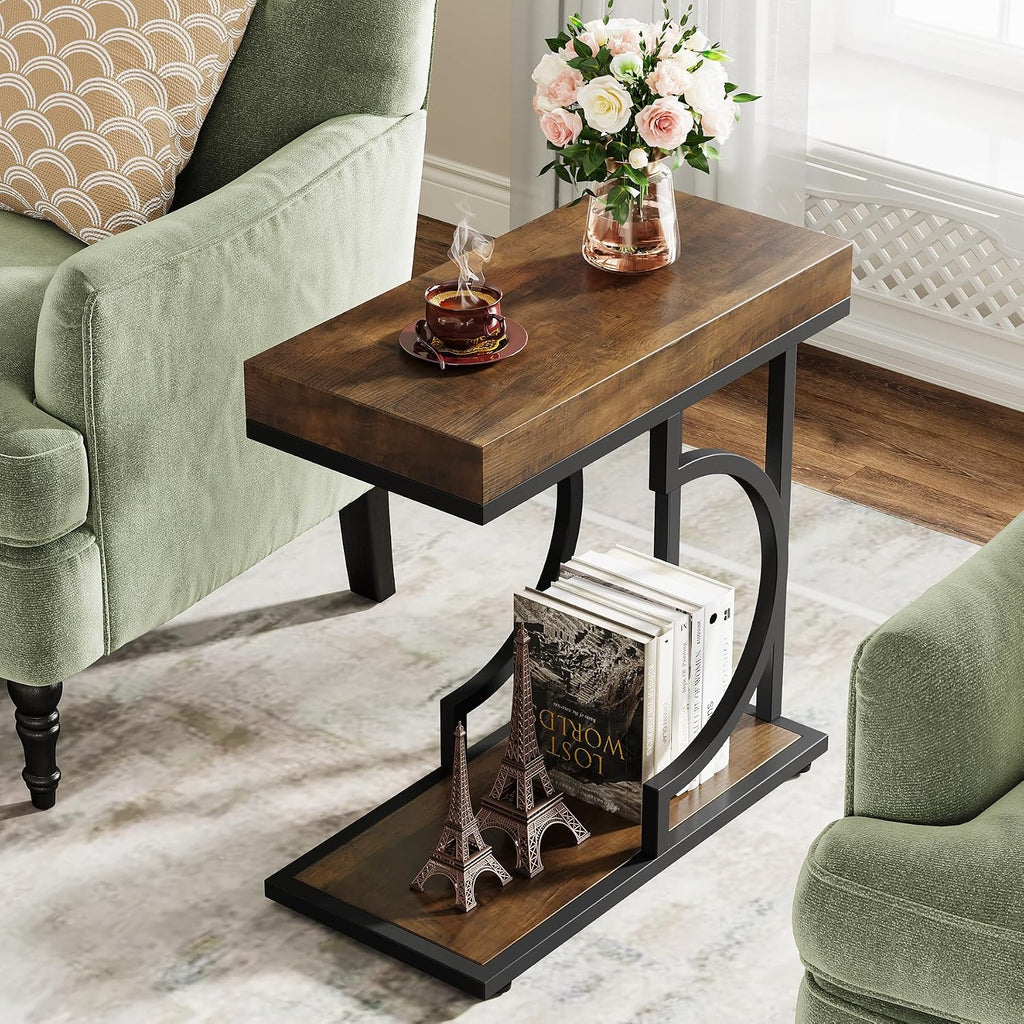 Tribesigns Narrow Side Table Set of 2, C Shaped End Table for Couch, Modern Bedside Tables with Metal Frame, Small Sofa Tables for Small Spaces, Living Room (2, Brown+Black)