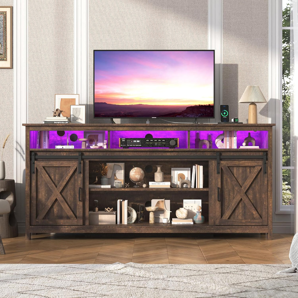 jiteentarou Farmhouse TV Stand for 80/75 Inch TV with Power Outlet, LED Entertainment Center with Storage and Sliding Barn Doors, Wood Media Console for Living Room, Brown