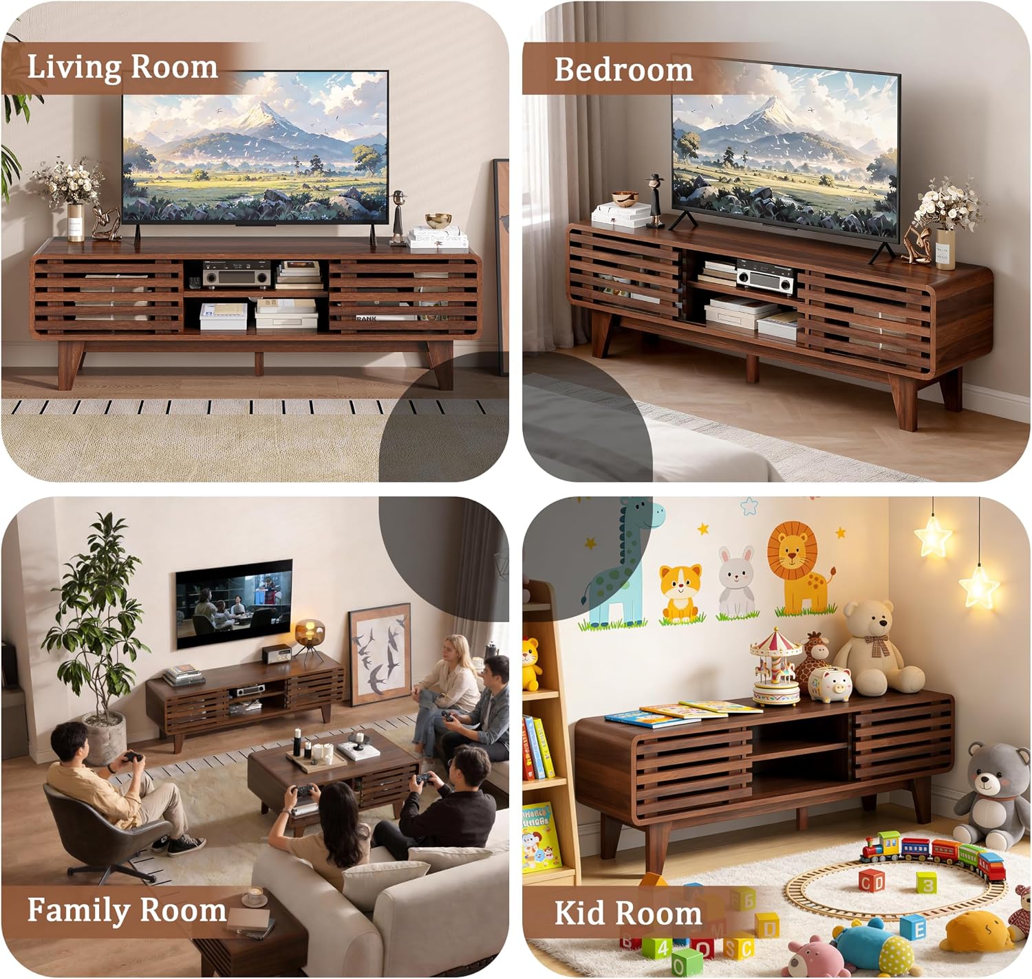 Luoxiao 55' Mid Century Modern TV Stand for 55 60 65 Inch TV, Walnut Media Console with Slatted Sliding Doors, Retro Wood Entertainment Center with Storage Shelves for Living Room, Bedroom