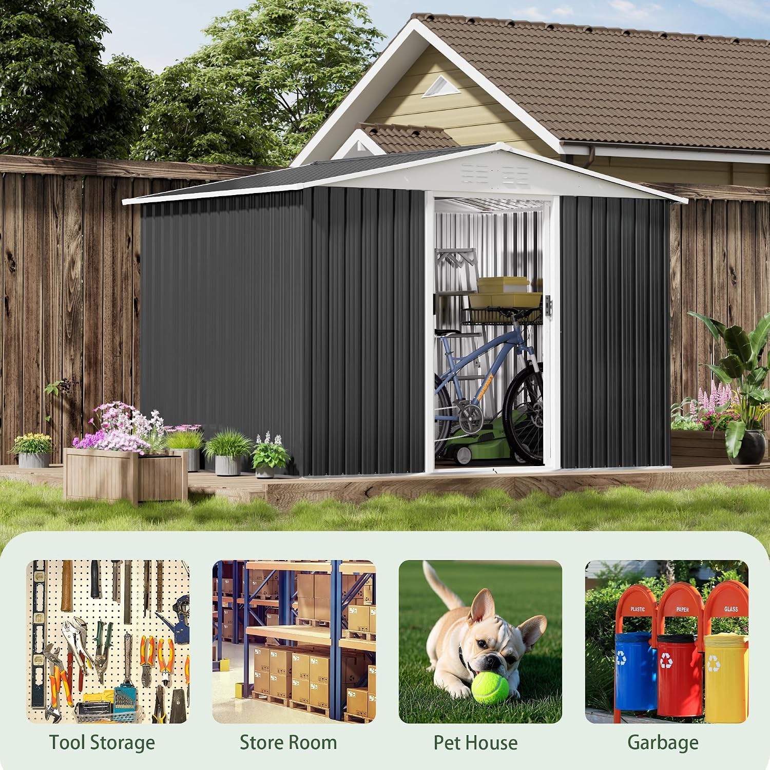 8x6 FT Large Outdoor Storage Shed, Galvanized Tool Shed, Metal Garden Shed with Apex Roof & Lockable Door, Waterproof Rust-Resistant for Patio Furniture Lawnmower Bike
