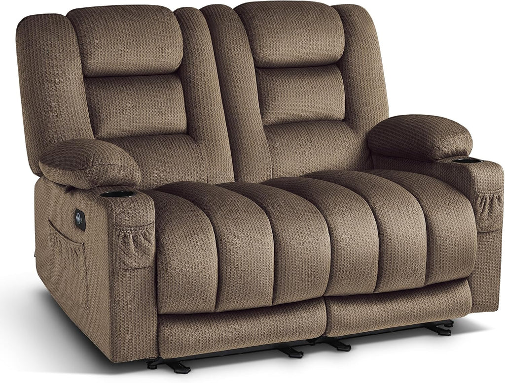 MCombo 55.9' Zero Gravity Power Loveseat Recliner with Heat and Vibration Massage, Reclining Loveseat Sofa with USB Ports, Cup Holders for Living Room, Fabric PR648SET (Dark Brown)