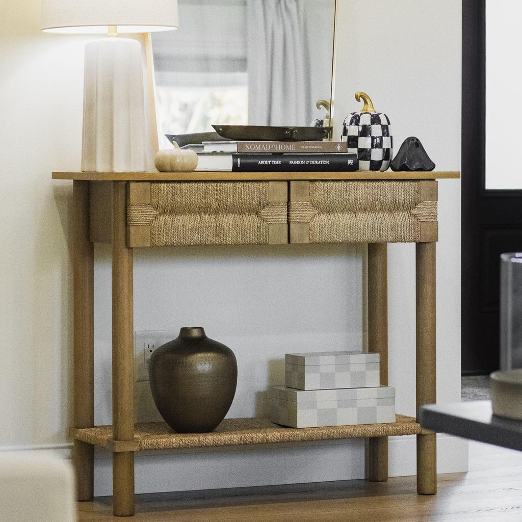 Nathan James Beacon Wooden Sofa Console Table with Drawers, Bohemian Entryway Table, Hallway Table with Seagrass Shelf, Light Brown