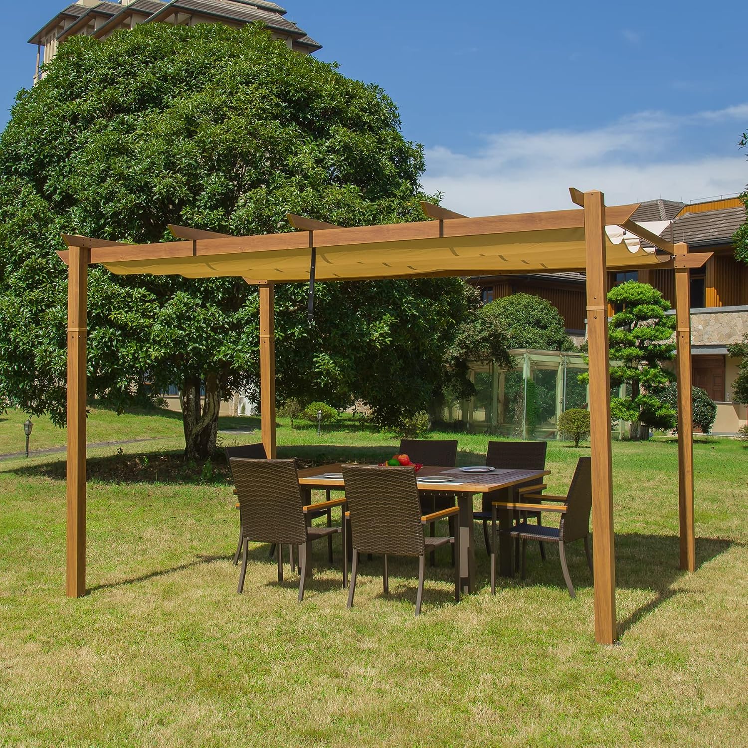 Domi 10x13ft Outdoor Retractable Pergola with Sun Shade Canopy, Pergolas and Gazebos Clearance, Patio Metal Canopy for Deck, Garden, Backyard (Wood Looking)