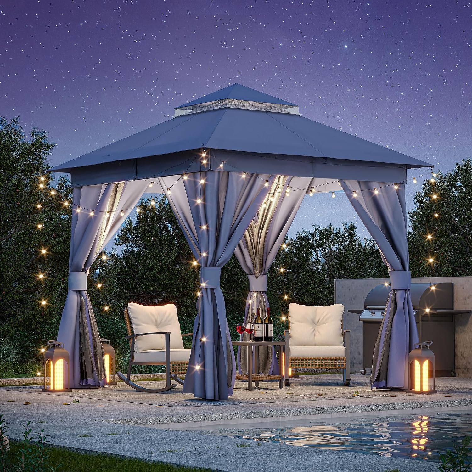 LAUSAINT HOME Gazebo 8x8ft, Heavy Duty Patio Gazebo with Expansion Bolts, Party Canopy Tent with Double Roofs, Mosquito Nettings and Privacy Screens for Backyard, Garden, Lawn, Navy Blue