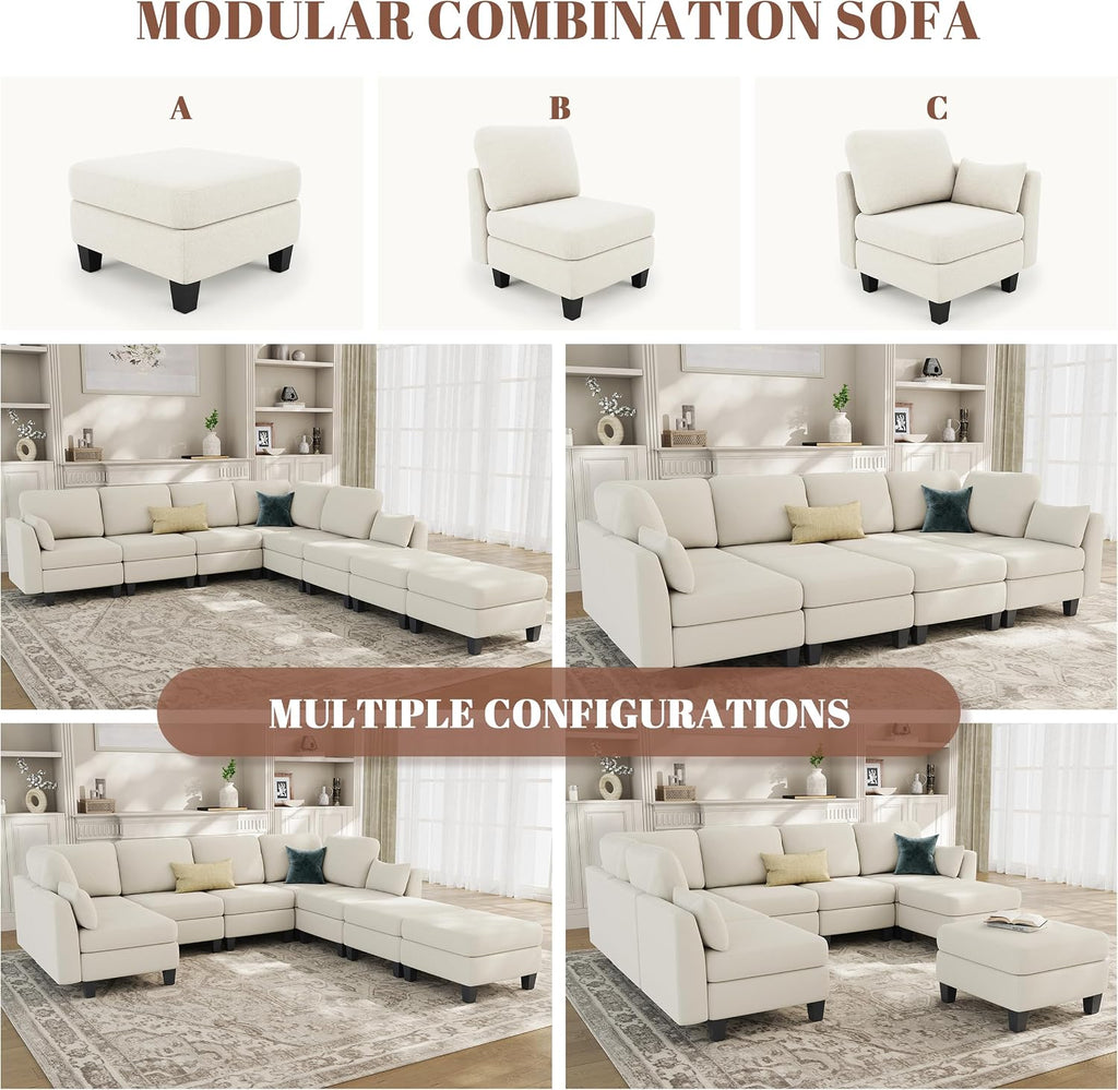 Sectional Sleeper Sofa, 8 Seaters Modular Sleeper Sofa Couch, Comfy Sectionals Couches Bed, Convertible Sofas with Ottomans, Modular Sectional Couches for Living Room, Beige