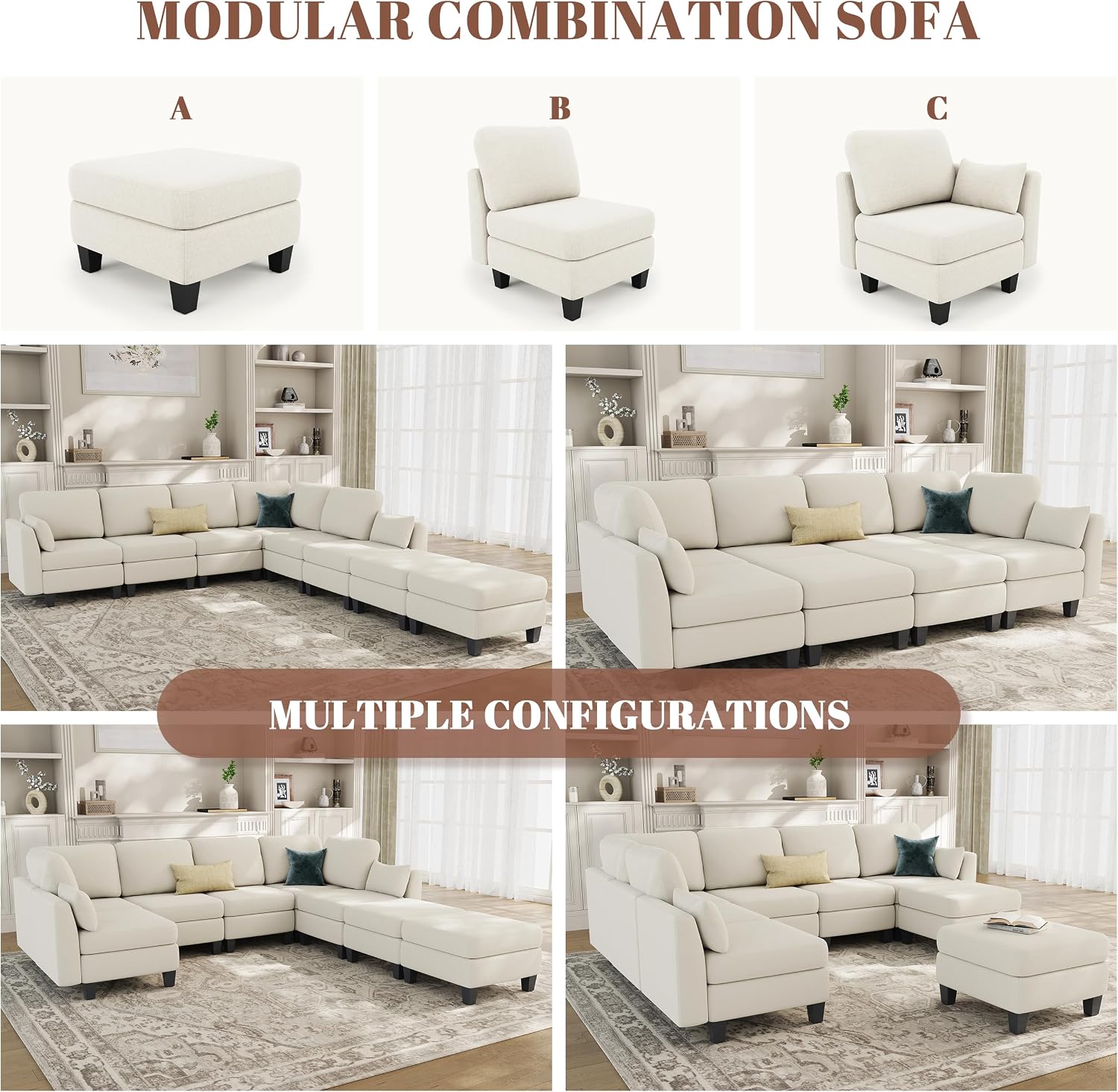 Sectional Sleeper Sofa, 8 Seaters Modular Sleeper Sofa Couch, Comfy Sectionals Couches Bed, Convertible Sofas with Ottomans, Modular Sectional Couches for Living Room, Beige