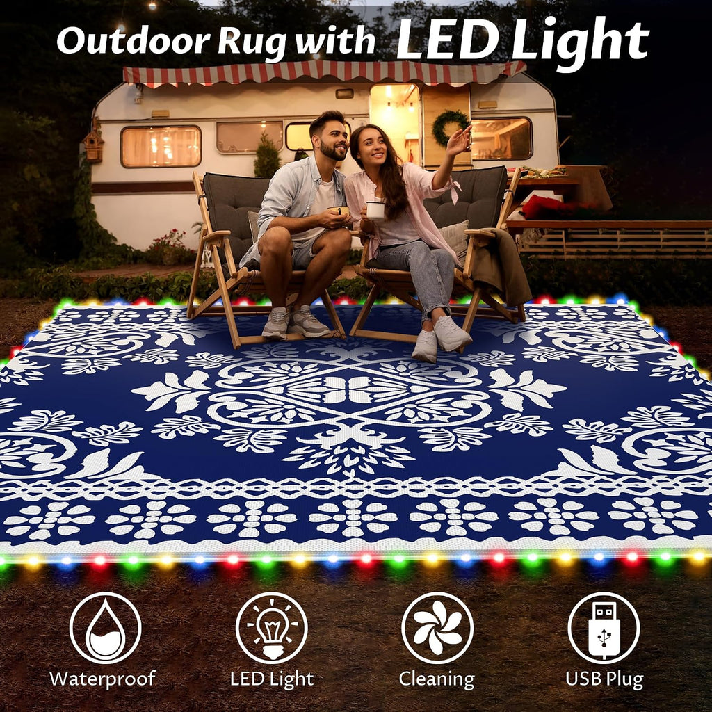 Pafolo Outdoor Rug Waterproof, 9'x12' Reversible Patio Rug with Lights, 4 Rug Stakes, Non Shedding, Easy Cleaning, Foldable Outside Mat for RV, Camping, Porch, Deck, Beach, Patio, Picnic, Blue&White
