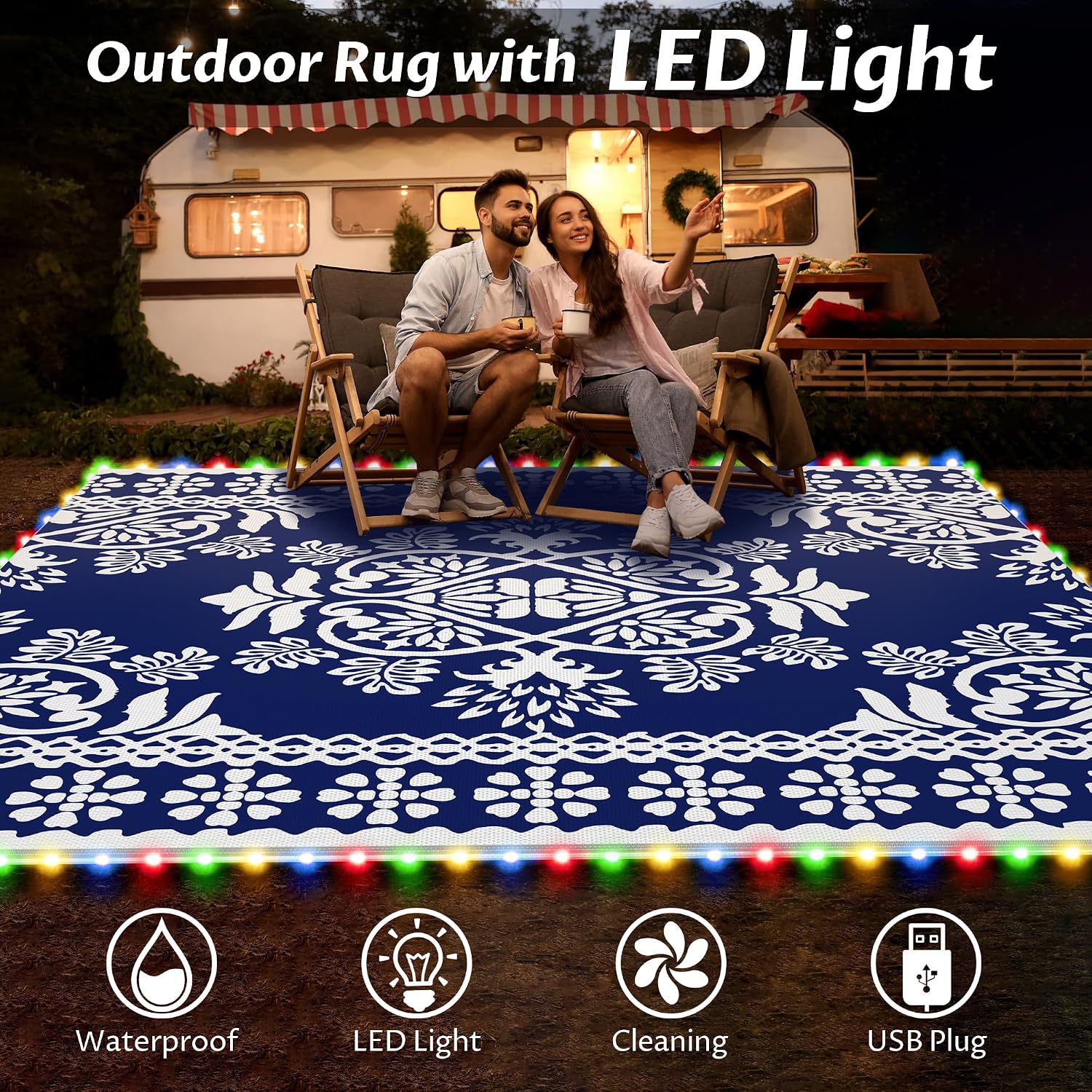 Pafolo Outdoor Rug Waterproof, 9'x12' Reversible Patio Rug with Lights, 4 Rug Stakes, Non Shedding, Easy Cleaning, Foldable Outside Mat for RV, Camping, Porch, Deck, Beach, Patio, Picnic, Blue&White