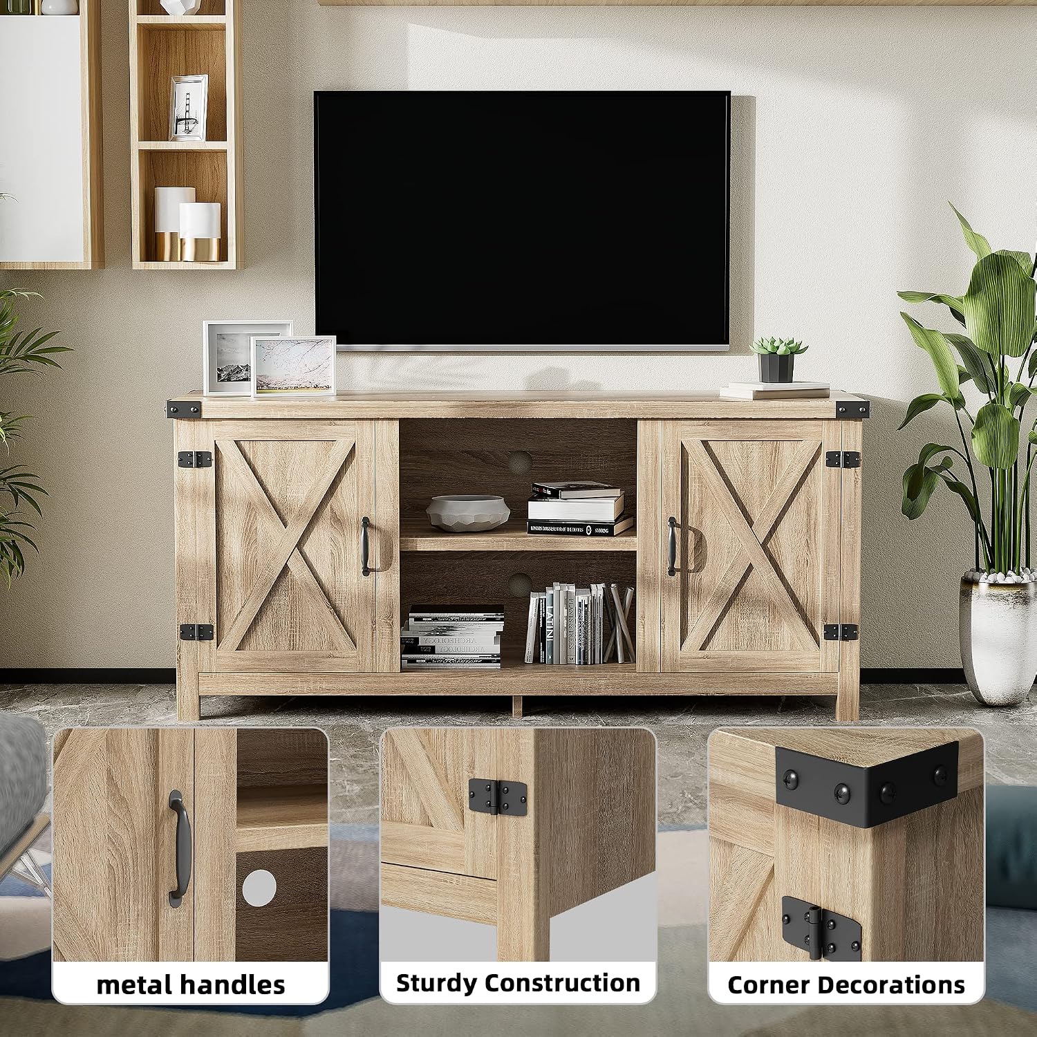 JUMMICO TV Stand, 65 Inch TV Farmhouse Entertainment Center with Double Barn Doors and Storage Cabinets, Console TV Table Media for Living Room, Bedroom (Pale Yellow)