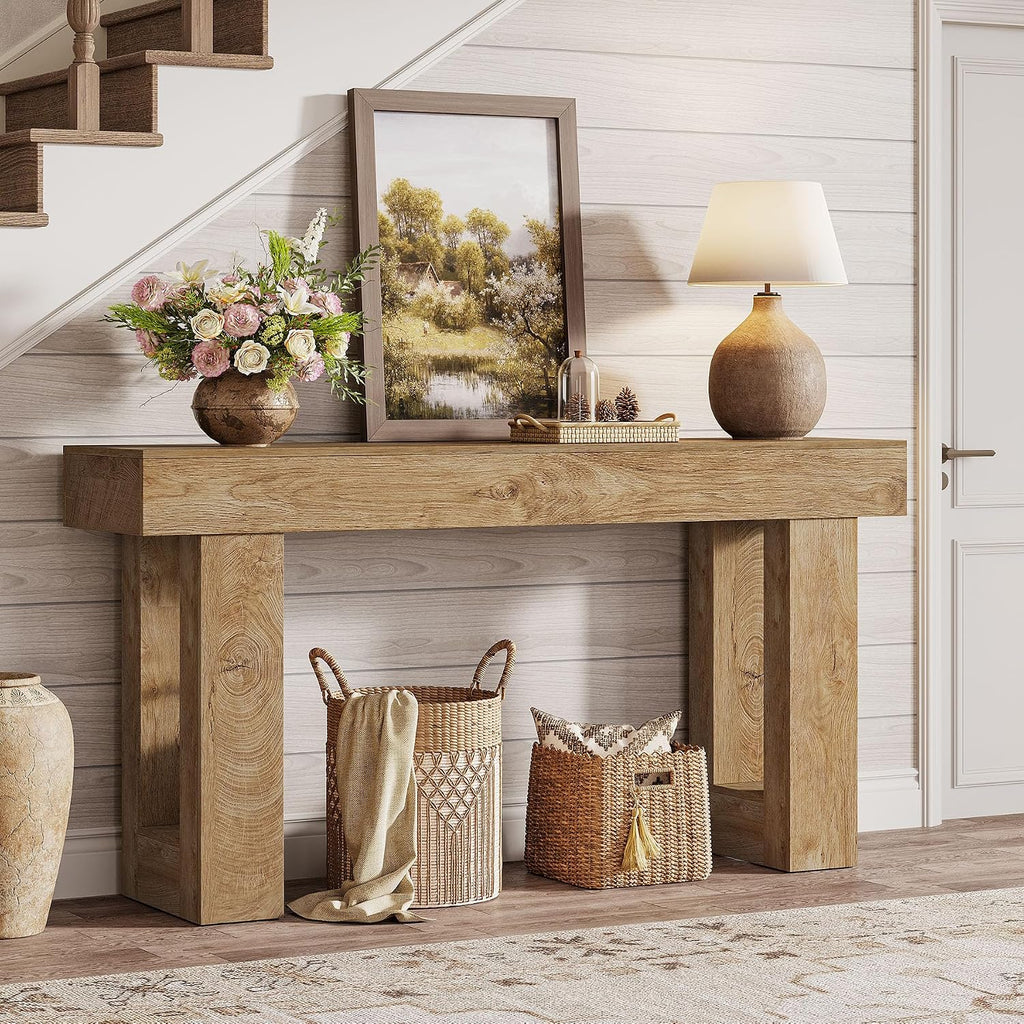 Tribesigns 63' Farmhouse Console Table, Natural Wooden Sofa Table Rectangular Accent Console for Entryway, Hallway & Living Room (Natural)