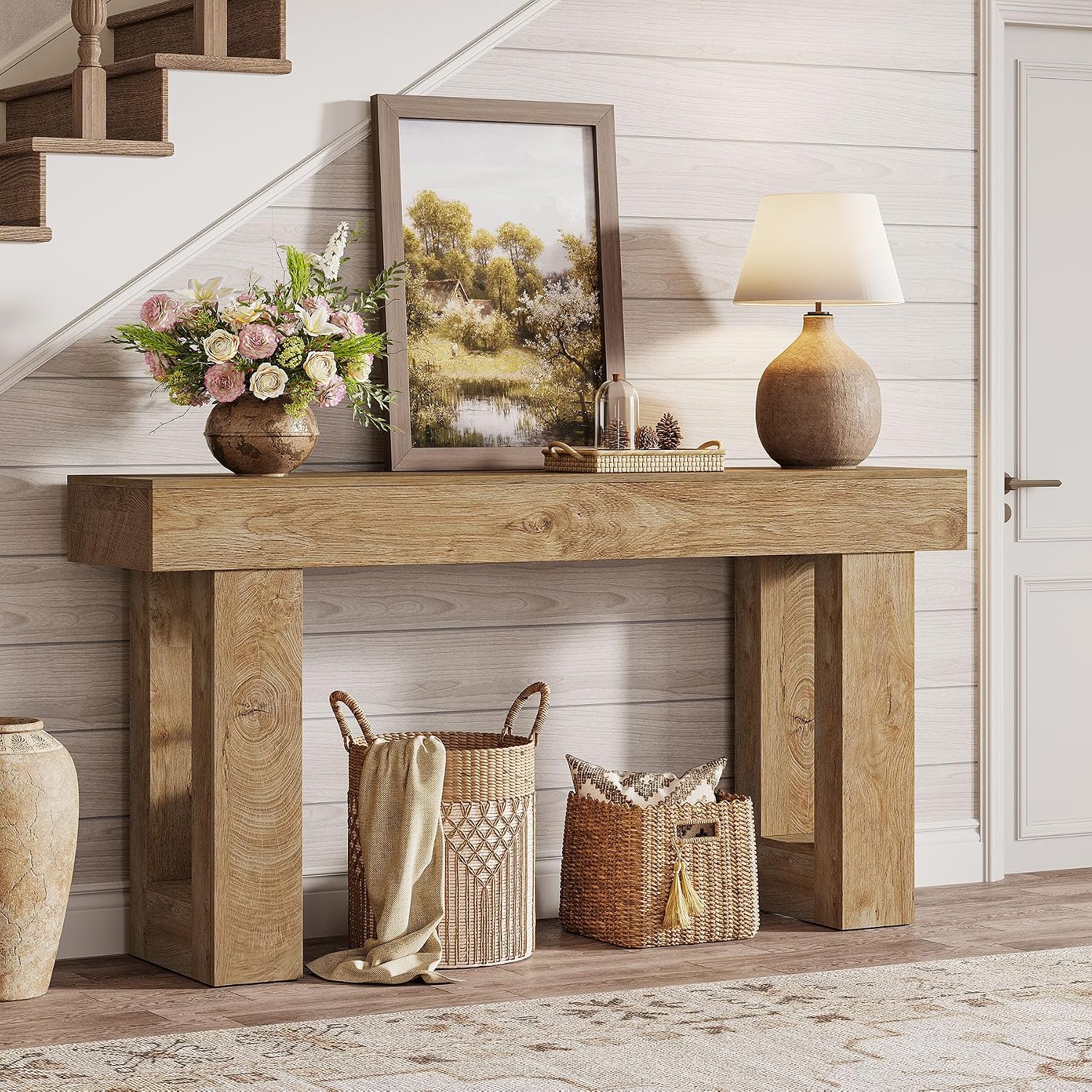Tribesigns 63' Farmhouse Console Table, Natural Wooden Sofa Table Rectangular Accent Console for Entryway, Hallway & Living Room (Natural)