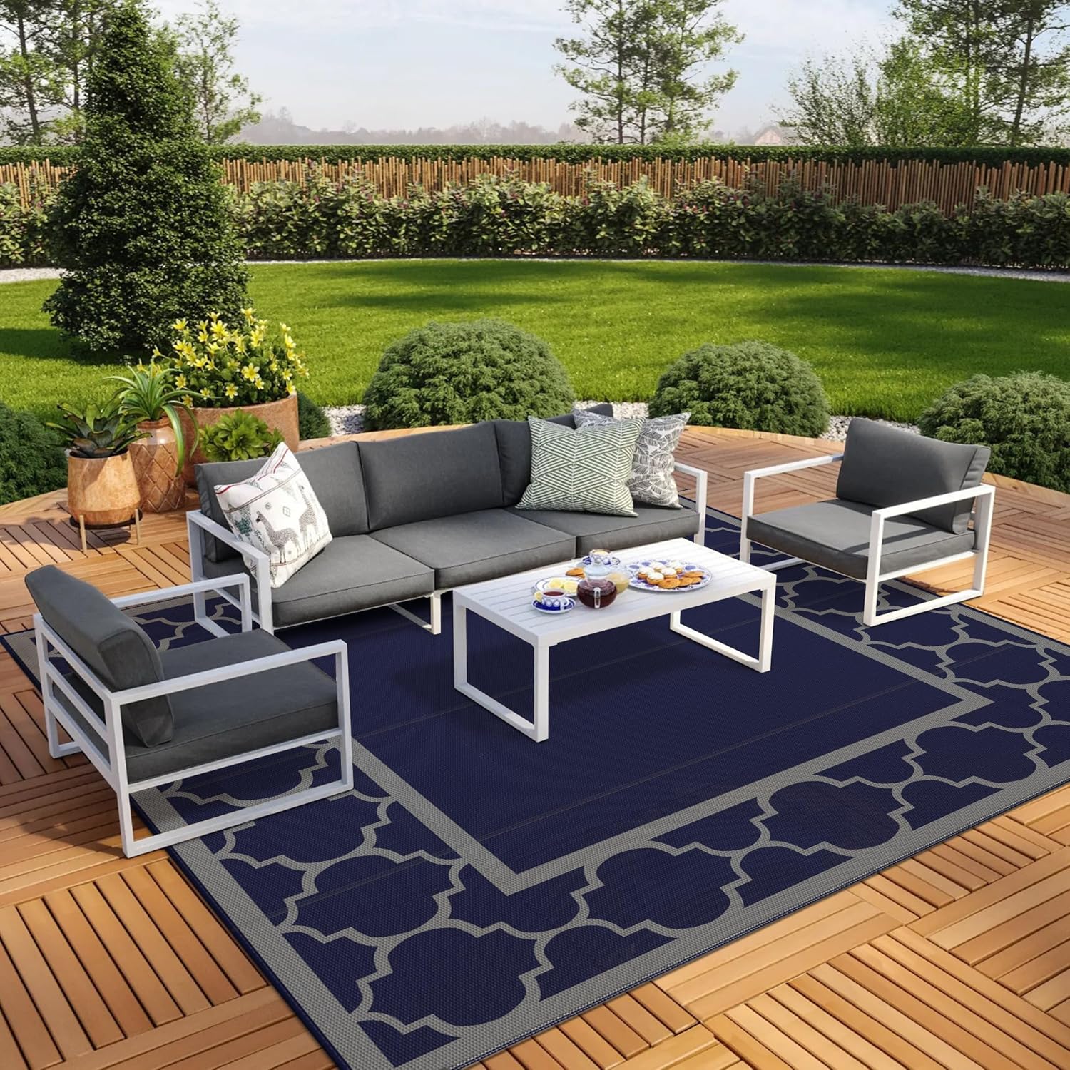 GENIMO 10 'x10 ' Outdoor Rug for Patio Clearance, Waterproof Indoor Outdoor Plastic Straw Rugs Carpet, Reversible Outside Area Rv Mat for Camping, Balcony Porch, Deck, Picnic, Beach (Blue & Grey)