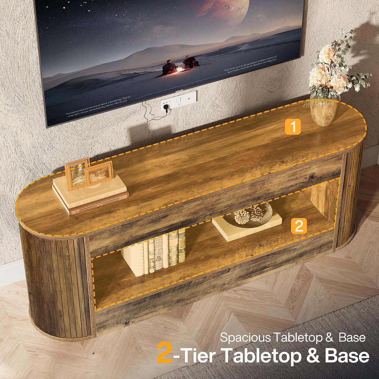 Tribesigns 63' TV Stand with Storage for 55/60/65/75 Inches TV, 2-Tier Farmhouse Television Stands with Fluted Panels, Entertainment Center Media Console for Living Room & Bedroom, Brown
