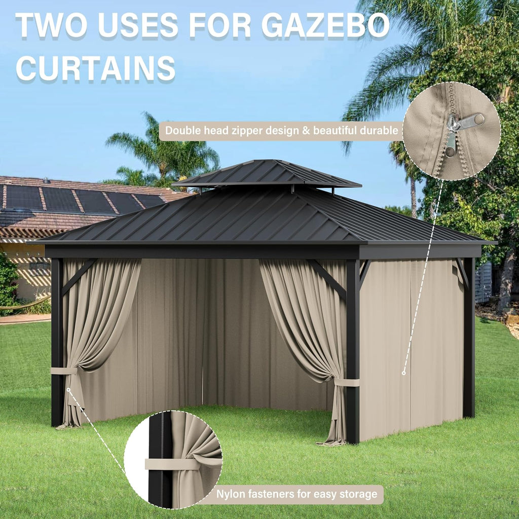 Outdoor Gazebo Curtain Replacement Universal 4-Panel Sidewalls 10' X 12',Outdoor Patio Waterproof Privacy Curtain with Double Zipper for Patio,Garden, and Backyard (Curtain Only)