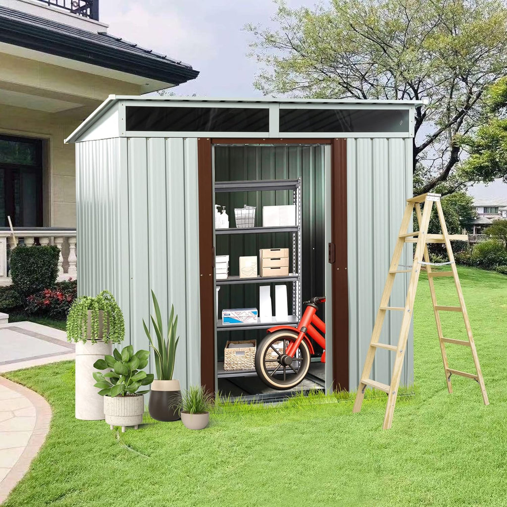 6X5 FT Outdoor Storage Shed, Waterproof Metal Garden Sheds with Lockable Door, Steel Tool Storage Buildings Shed & Outdoor Storage House for Garden, Backyard, Patio, Lawn, Trash Cans(White)