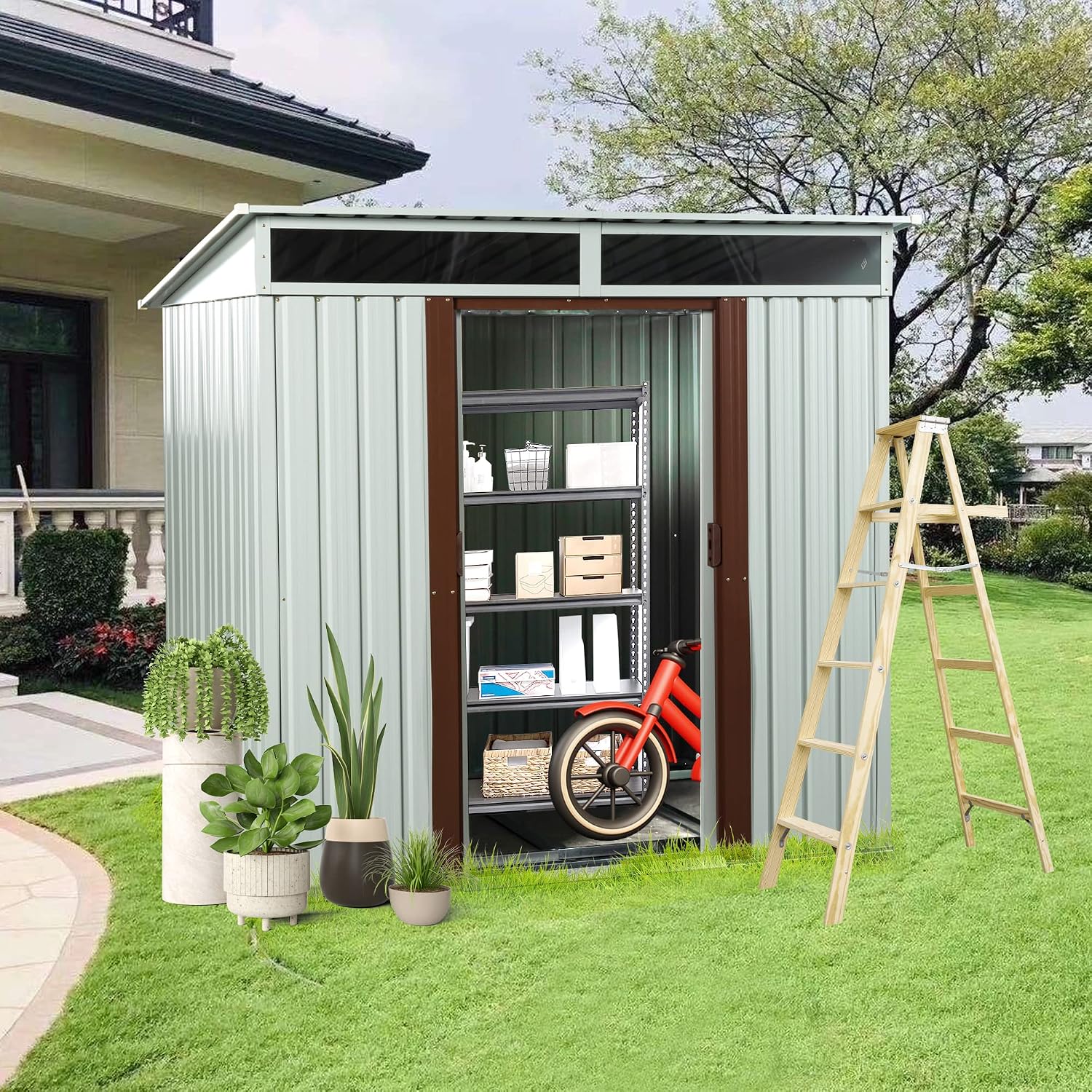 YOPTO 6×5 FT Outdoor Metal Storage Shed with 4 Integrated Punched Vents,Heavy Duty Outdoor Storage House W/Padlock and Sliding Doors,Waterpoof Resistance,Tool Sheds for Backyard Garden,Patio,White