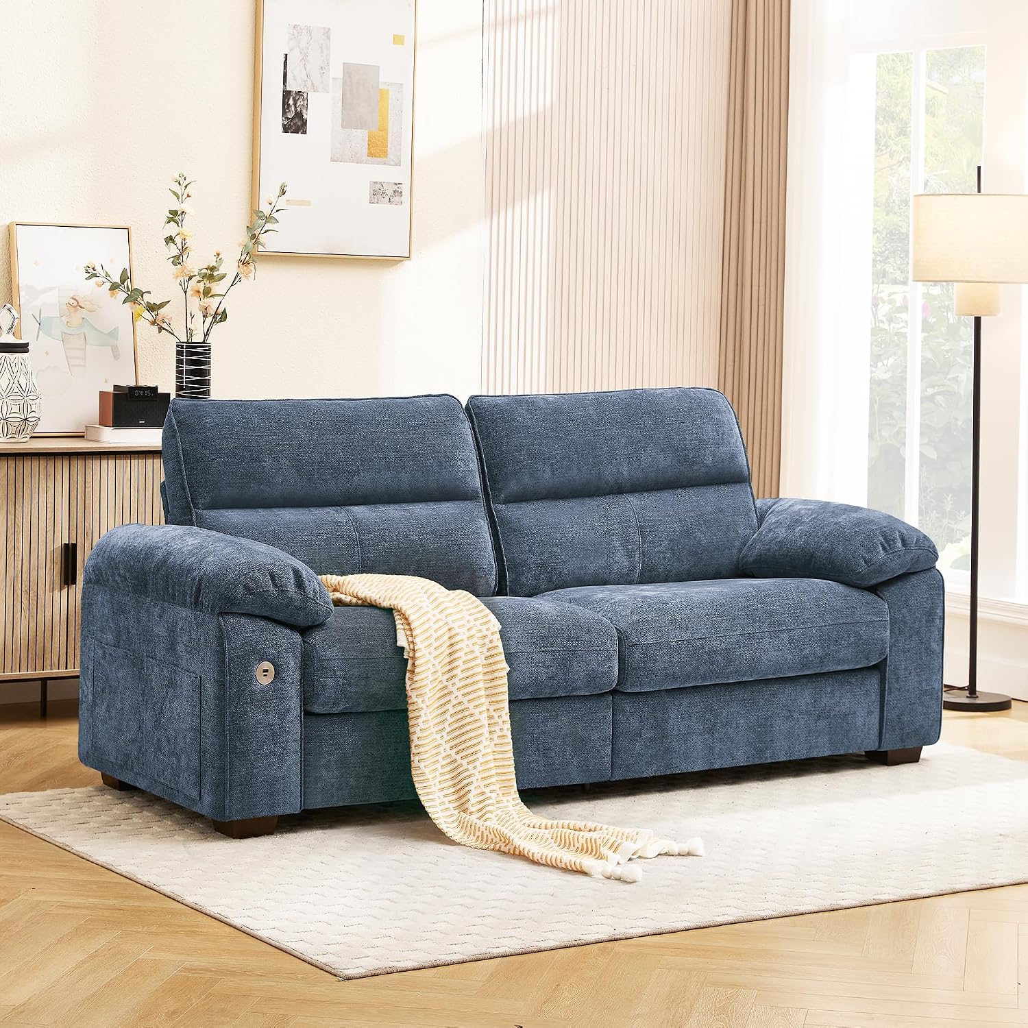 Ihanherry 71' Modern Sofa for Living Room, Deep Seat Chenille Loveseat with Fast Charging Port & Removable Washable Cushions, Pillow-Armrest Couch for Small Space/Apartment, Sturdy Frame, Blue