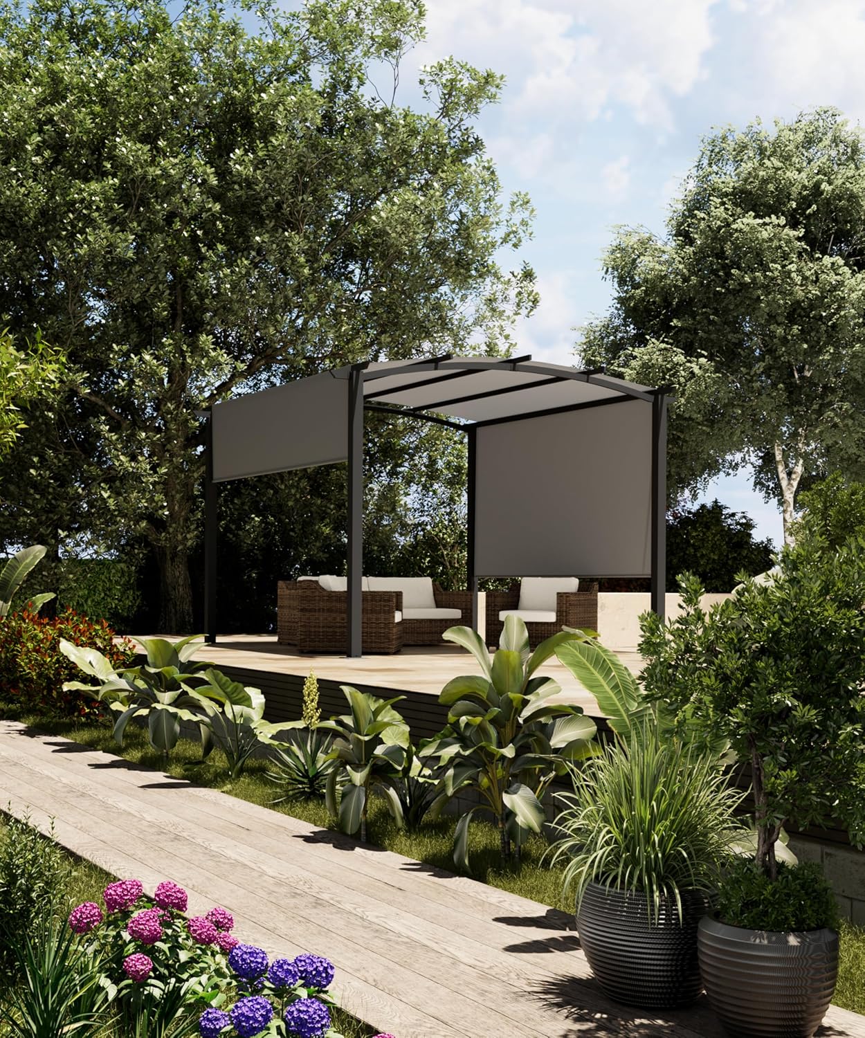 GarveeLife 10 ft x 10 ft Outdoor Arched Pergola, Metal Gazebo with Retractable Sun Shade for Backyards, Lawn, Patios (Grey)