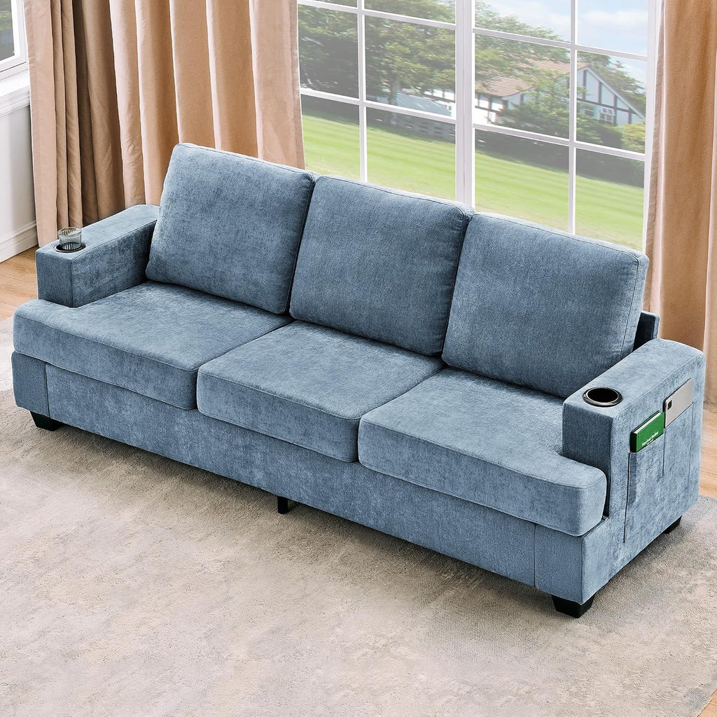 89' Chenille 3-Seater Sofa with Cup Holders and Side Storage Pockets, Modern Sofa for Living Room, Deep Seat Couches for Apartment Lounge, Blue