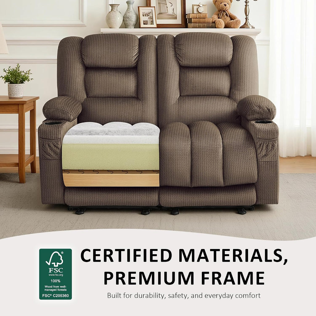 MCombo 55.9' Zero Gravity Power Loveseat Recliner with Heat and Vibration Massage, Reclining Loveseat Sofa with USB Ports, Cup Holders for Living Room, Fabric PR648SET (Dark Brown)